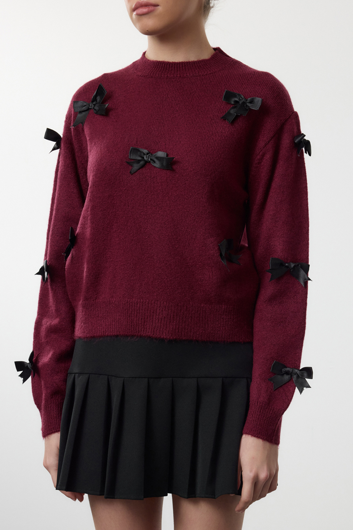 Trendyol Collection Бордовий светр з м'якою фактурною стрічкою та бантом TWOAW25KZ00155