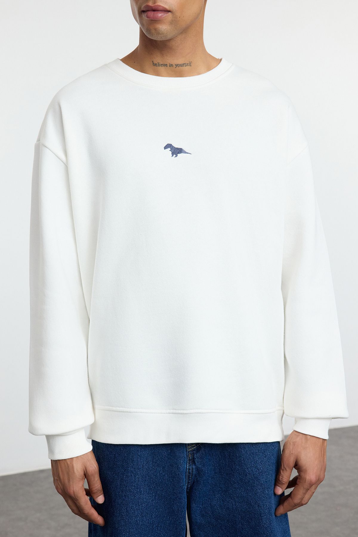 Trendyol Collection-Ecru Crew Neck Oversize/Wide Cut Fleece Inside Dinosaur Embroidery Sweatshirt Tmnaw24Sw00064 3