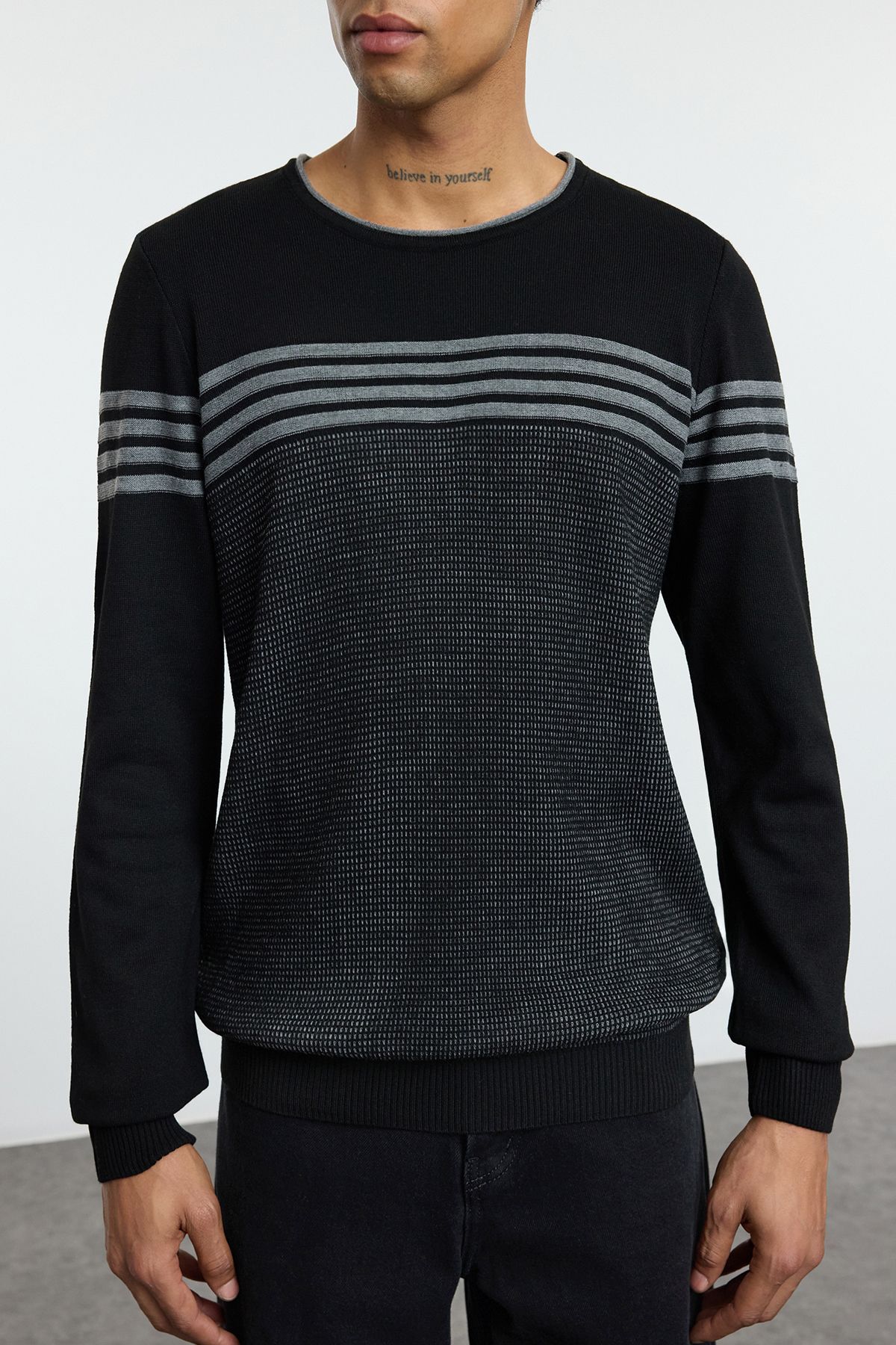 Trendyol Collection-Black Slim Slim Fit Crew Neck Striped Knitwear Sweater Tmnaw25Kz00029 4