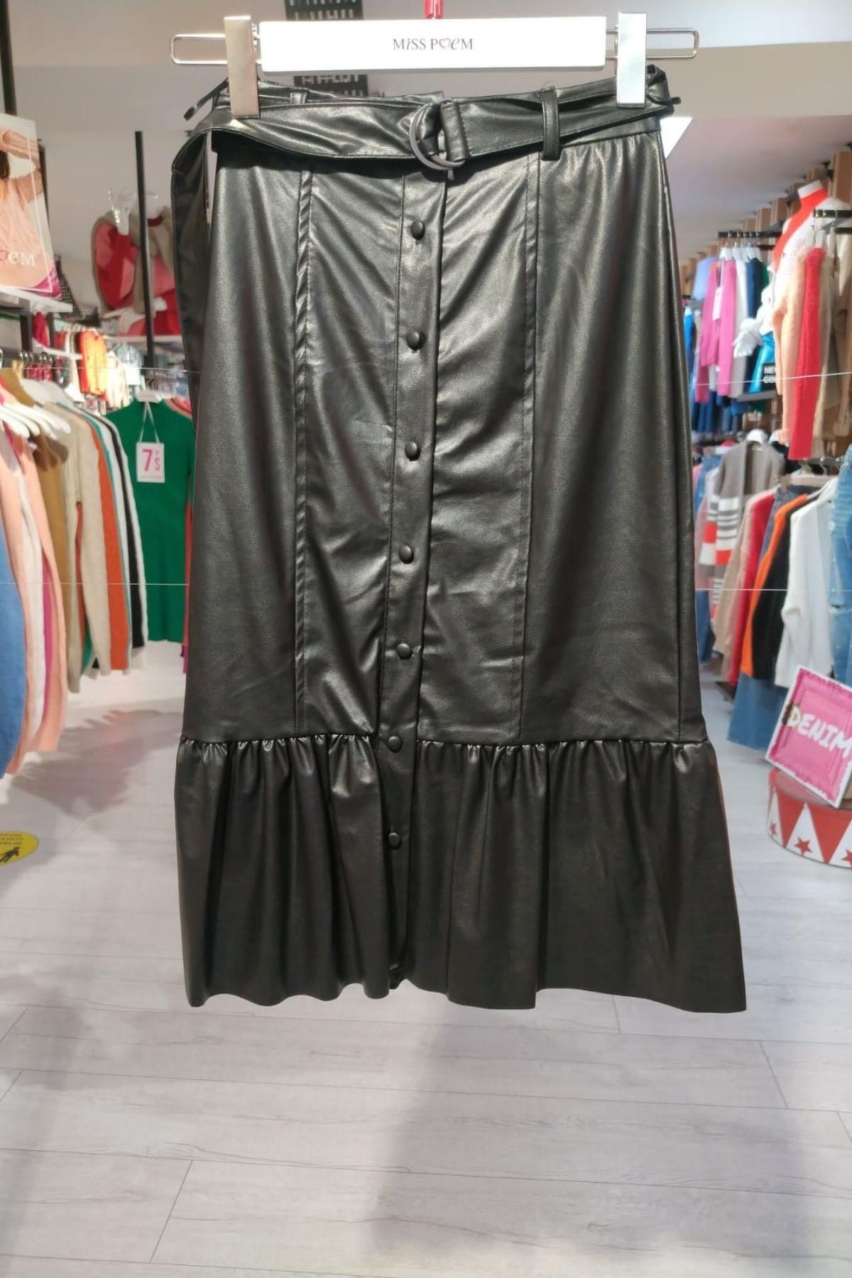 Miss Poem-Women's Black Buttoned Leather Skirt 1