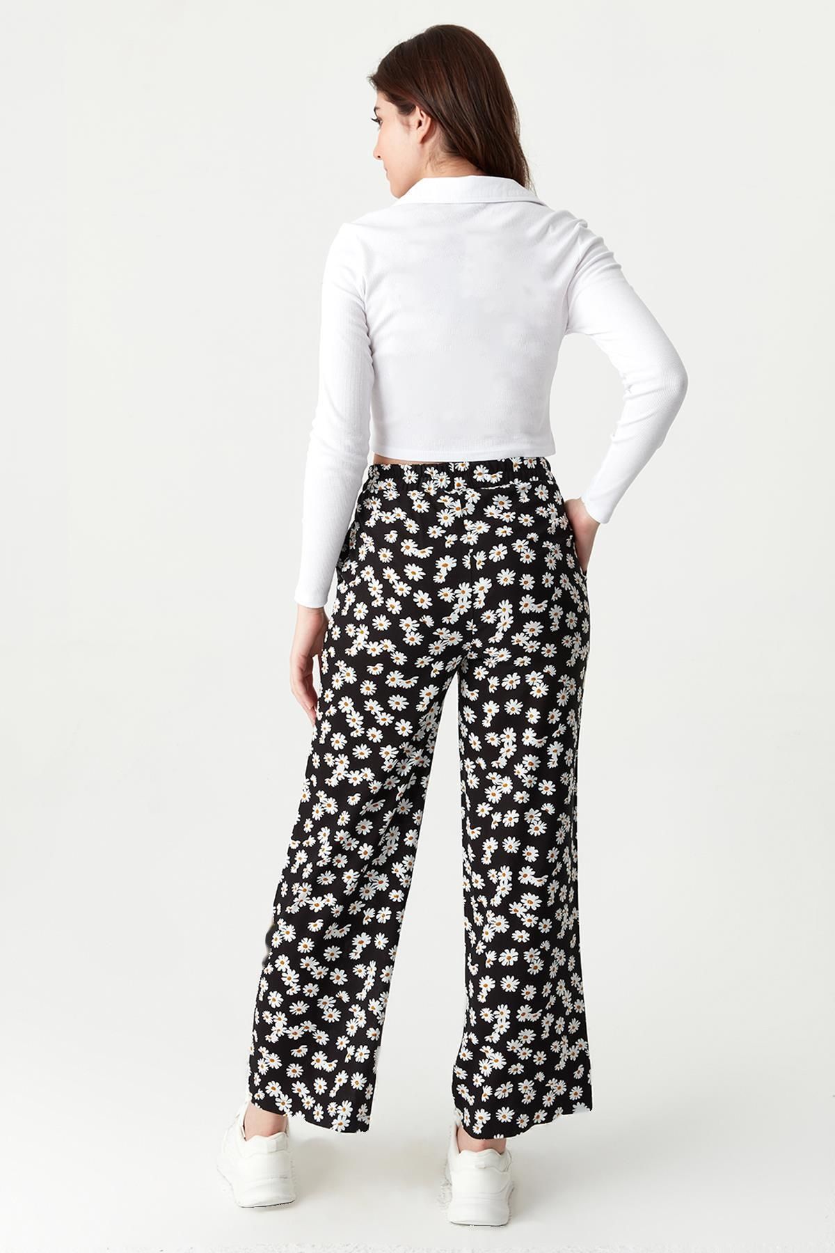 Select Moda-Pantaloni largi de damă cu imprimeu floral și talie elastică 2