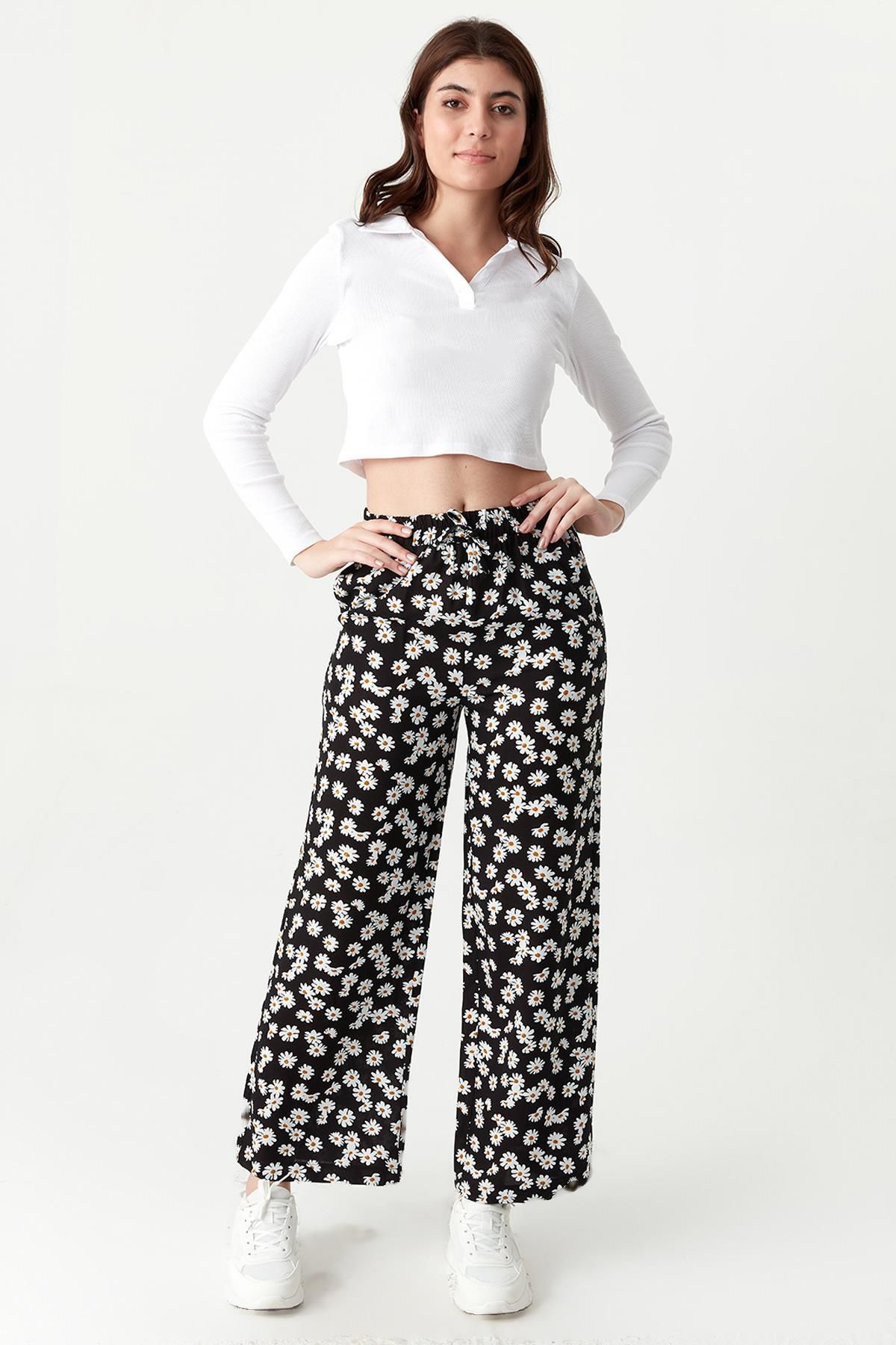 Select Moda-Pantaloni largi de damă cu imprimeu floral și talie elastică 3