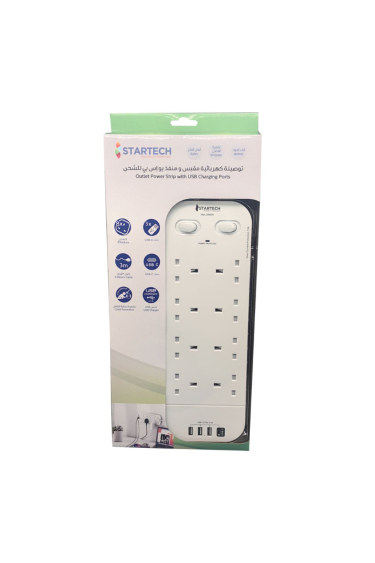 startech-8-Outlet Extension Cord with 2-Switch and 3-USB HN6090 3