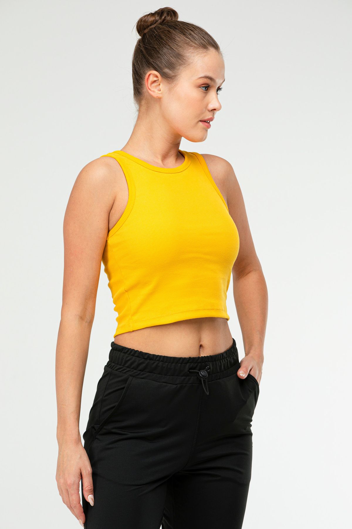 speedlife-Tricou galben Slim Fit din bumbac cu decolteu deschis Crop Top Camisole pentru femei Sf0751 4