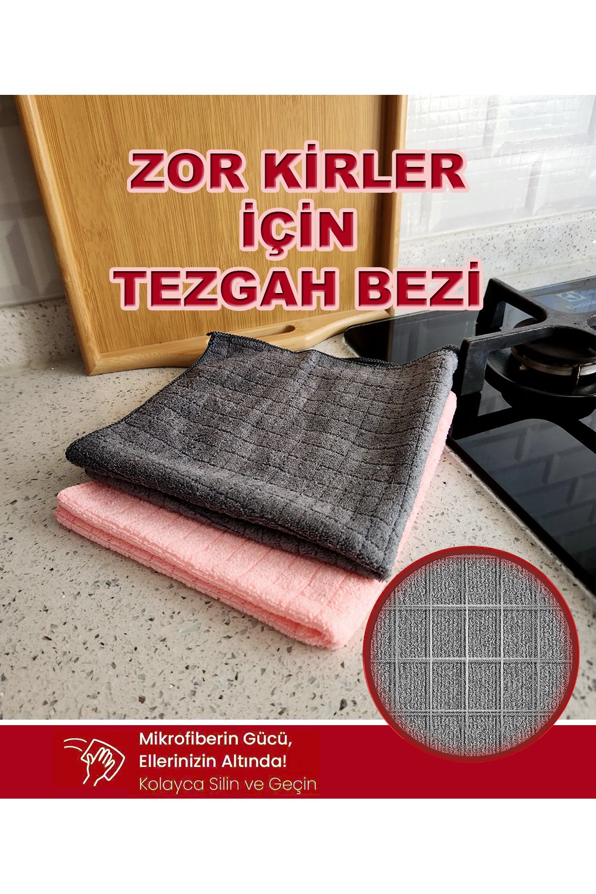 3'lü Mikrofiber Zor Kir Bezi Araba, Cam, Mutfak Temizlik Bezi, Gri-pembe (40 CM X 40 CM)