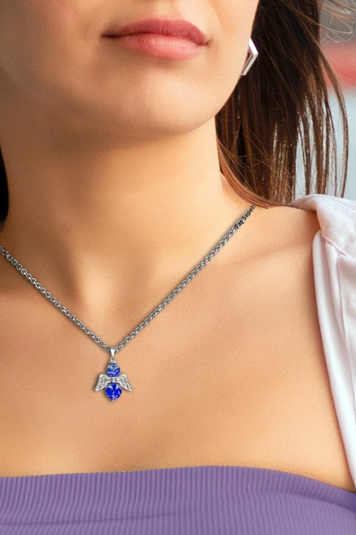 TAŞ SEPETİ-Real Lapis Lazuli Natural Stone Minimal Angel Model A Quality Chain Pendant 2