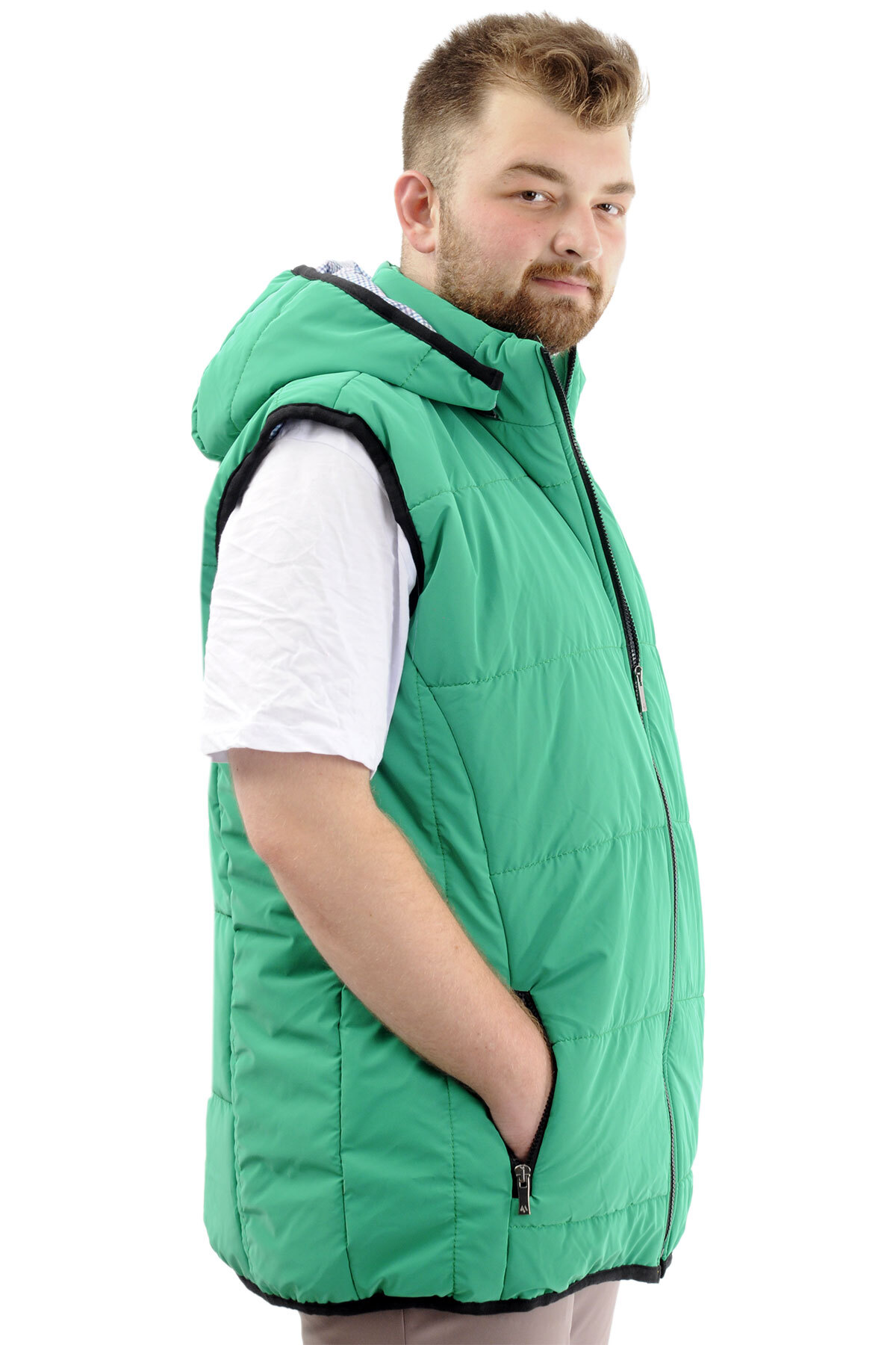 ModeXL Mode XL Erkek Büyük Beden Şişme Yelek Cepli Çıkarılabilir Kapüşonlu U24703 Yeşil görsel 3