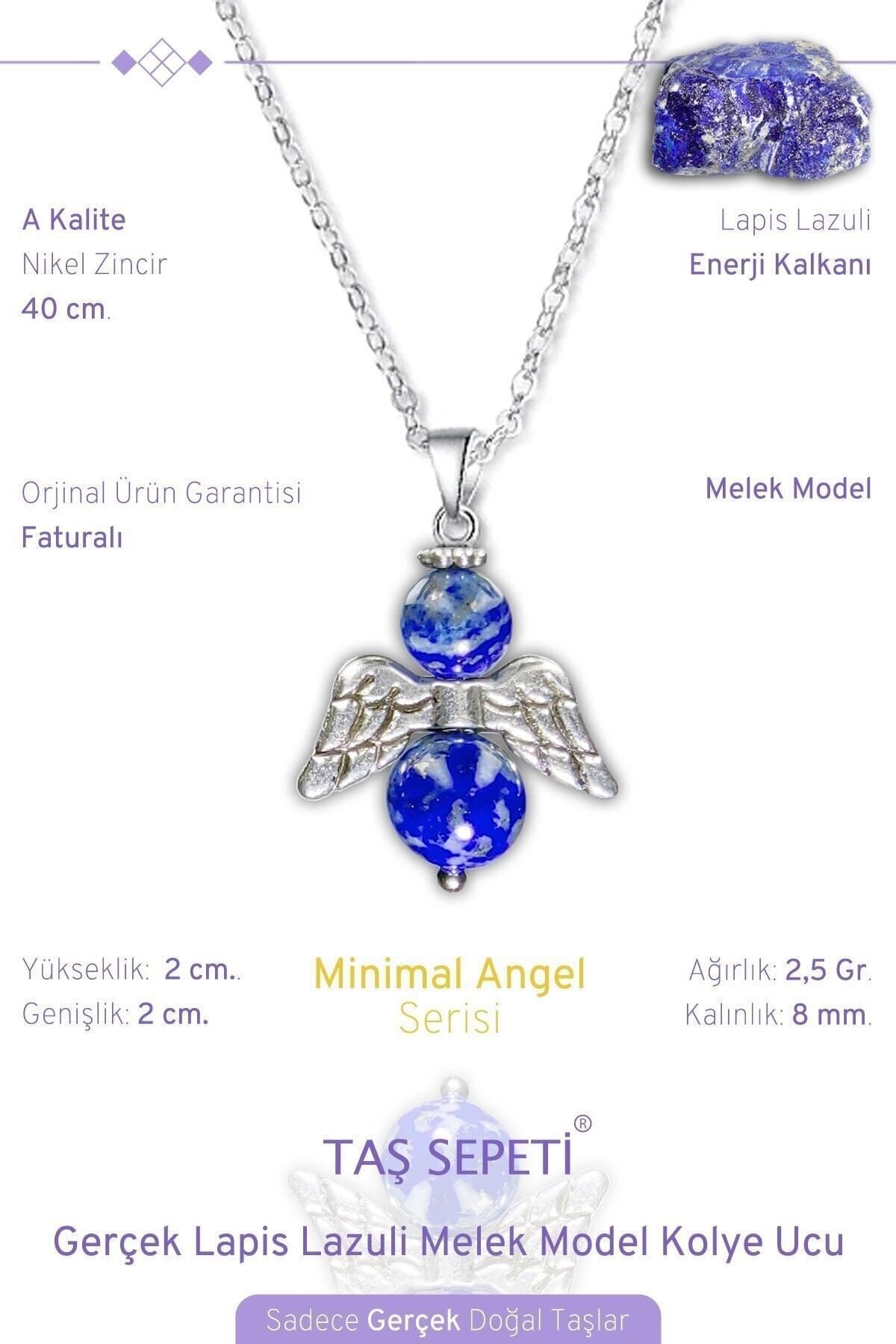 TAŞ SEPETİ Gerçek Lapis Lazuli Doğal Taşı Minimal Melek Model A Kalite Zincirli Kolye Ucu