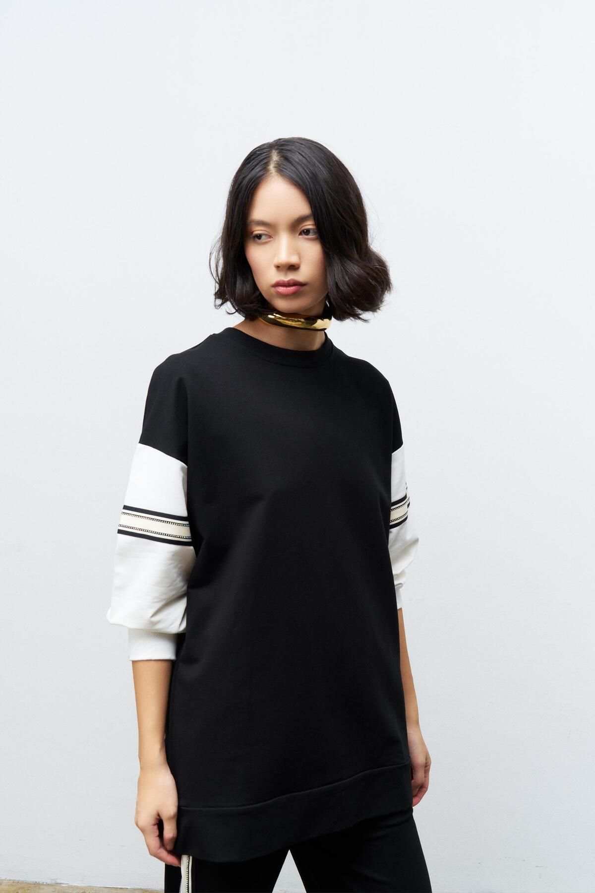 Basicpark-Black Women's Wide Leg Elastic Waist Stripe Detailed Cotton Knitted Bottom and Top Set 4