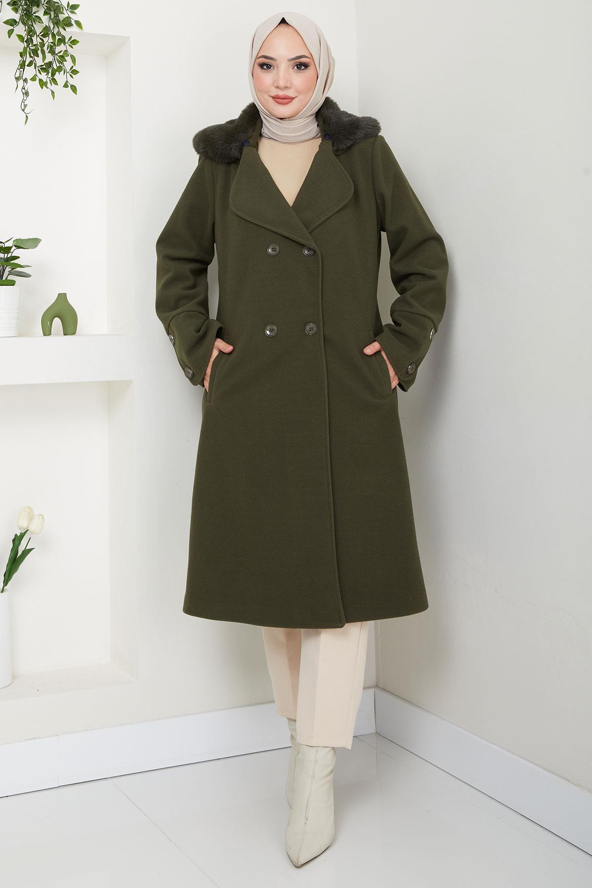 hafsamina  Yakası Kürk Detaylı Kaşe Kaban Haki HM2583 - Görsel 2