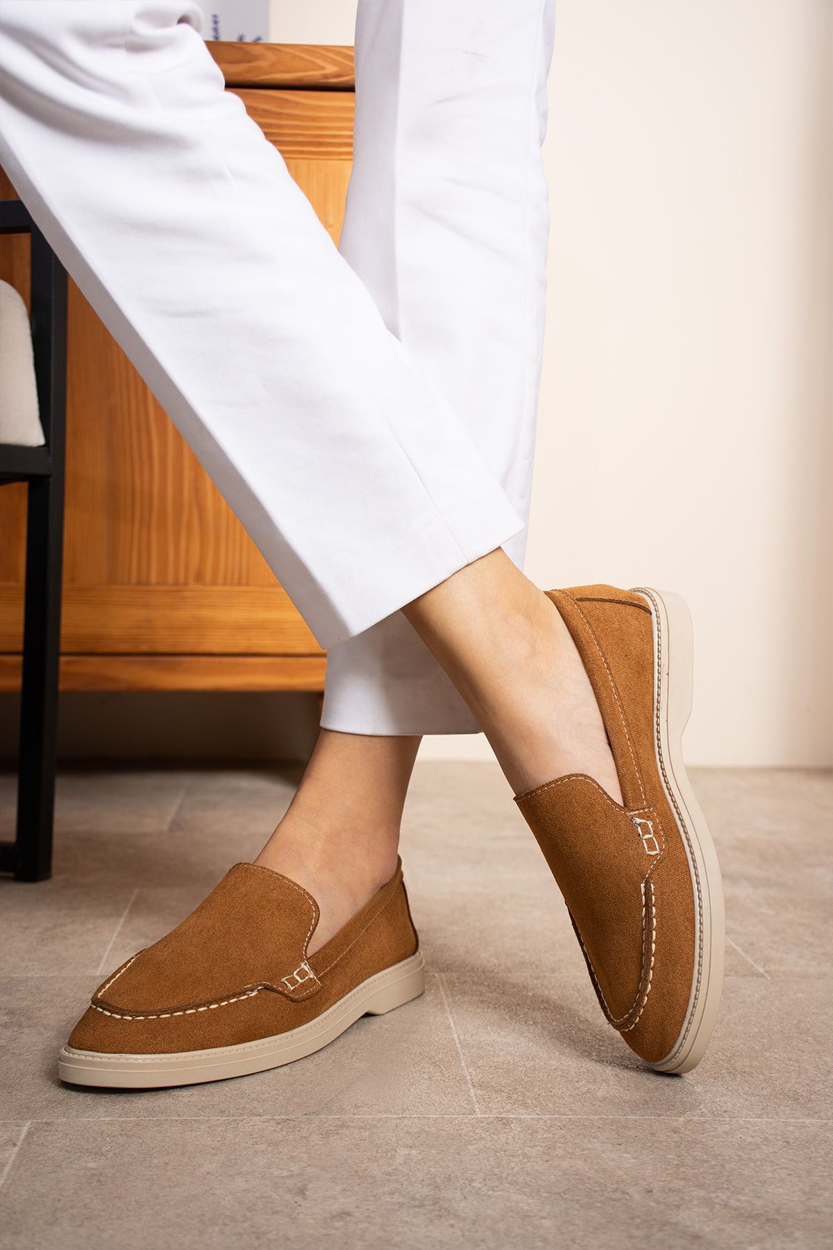 topukludünyası-Most Stylish Flat Sole Tan Loafer Women's Ballerinas 2