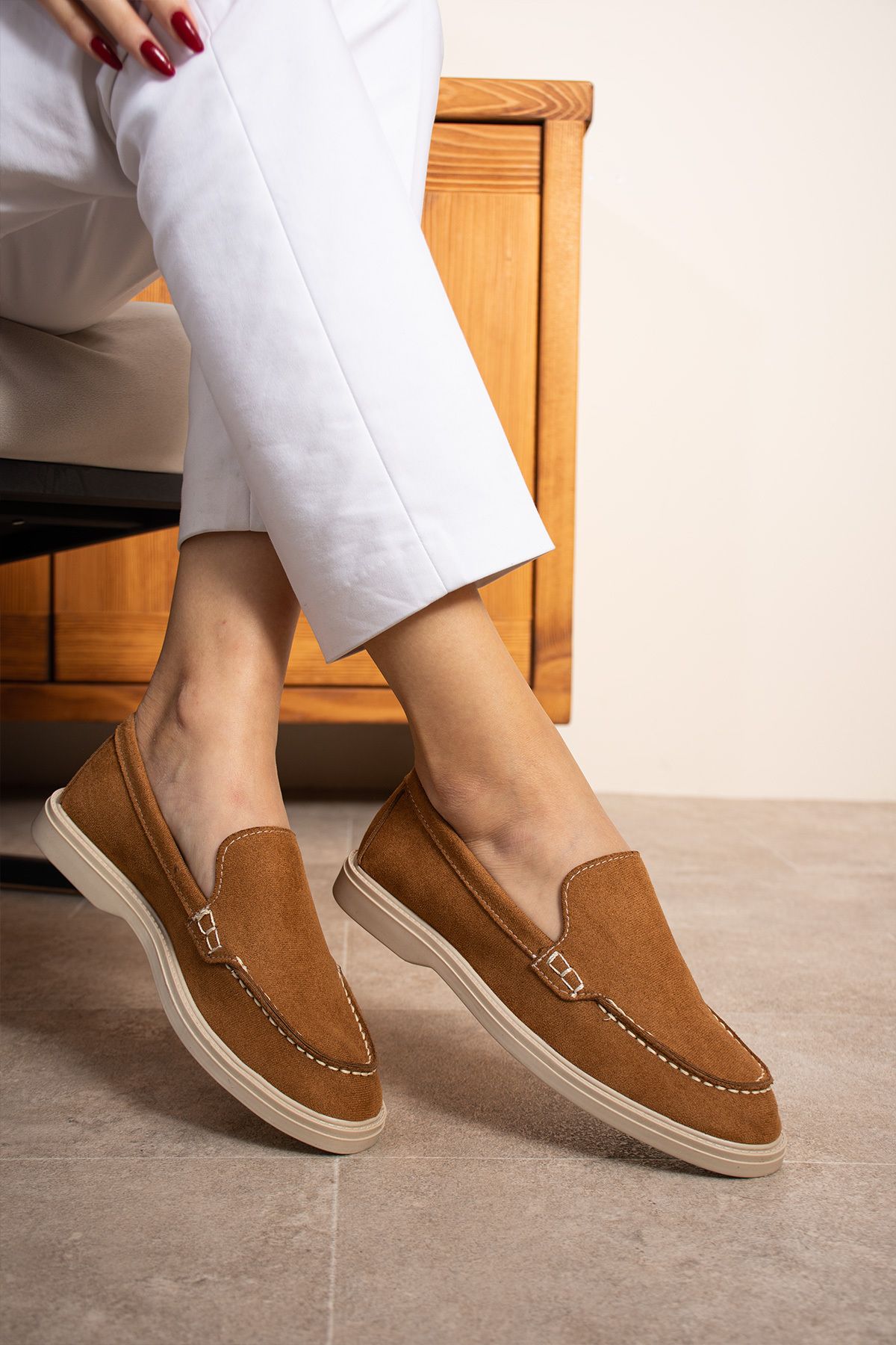 topukludünyası-Most Stylish Flat Sole Tan Loafer Women's Ballerinas 1