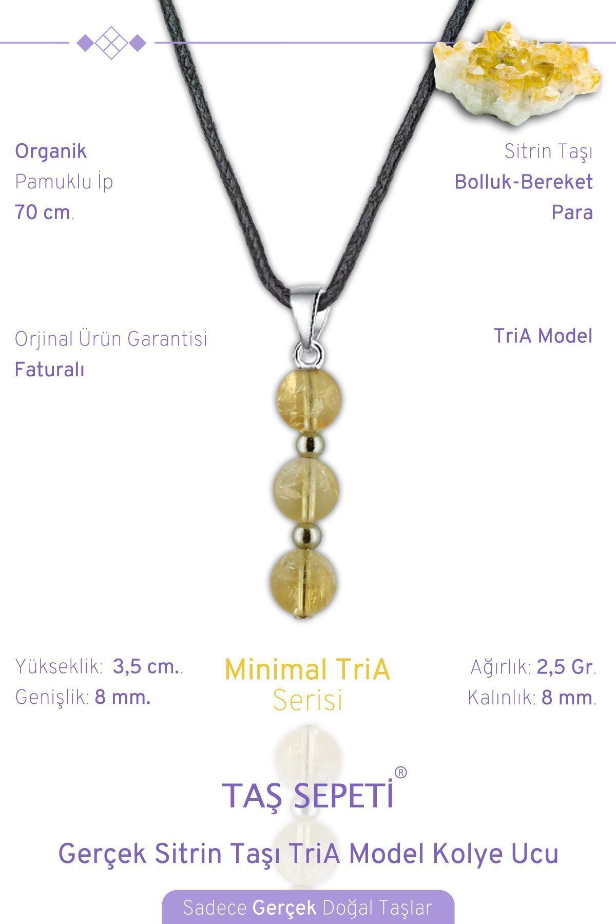 TAŞ SEPETİ-Real Citrine Natural Stone Minimal Tria Model Cotton Drawstring Men's Necklace 1