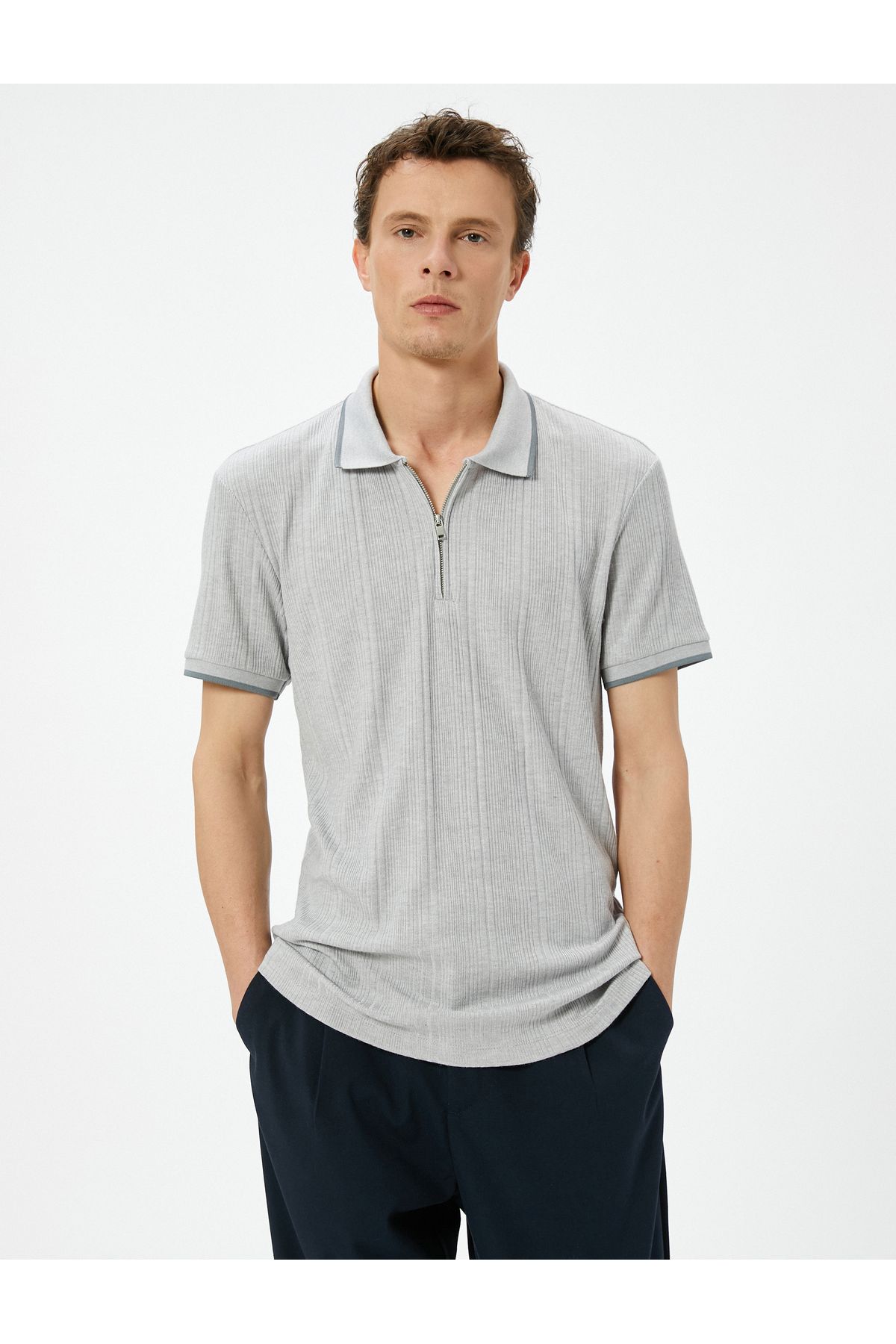 تی شرت یقه پولو خاکستری مردانه POLO YAKA T SLIM FIT Koton