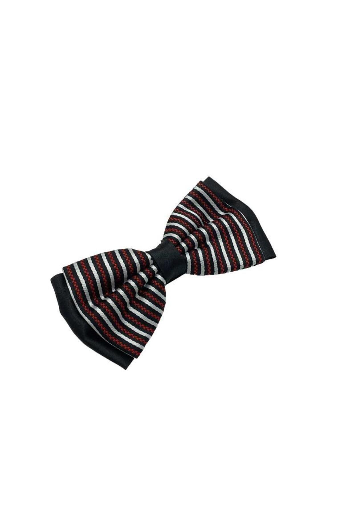 Brianze-Black White Red Striped Pattern Bow Tie 2