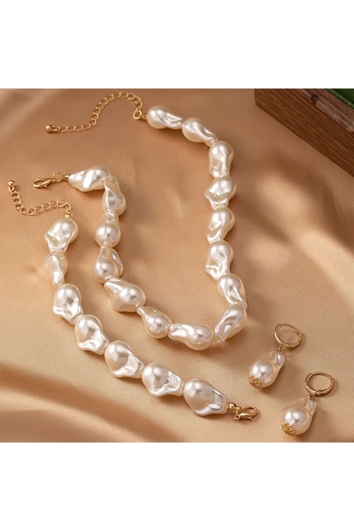 İPAR AKSESUAR-Irregular Ecru Baroque Pearl Bride Set Design Necklace 4