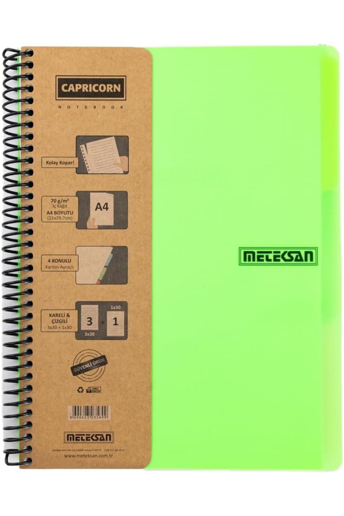 STOREMAX efshopx Capricorn Neon Serisi, A4, 6 Konulu (3 Kareli, 3 Çizgili) 180 Yaprak PP Kapaklı Spiralli D