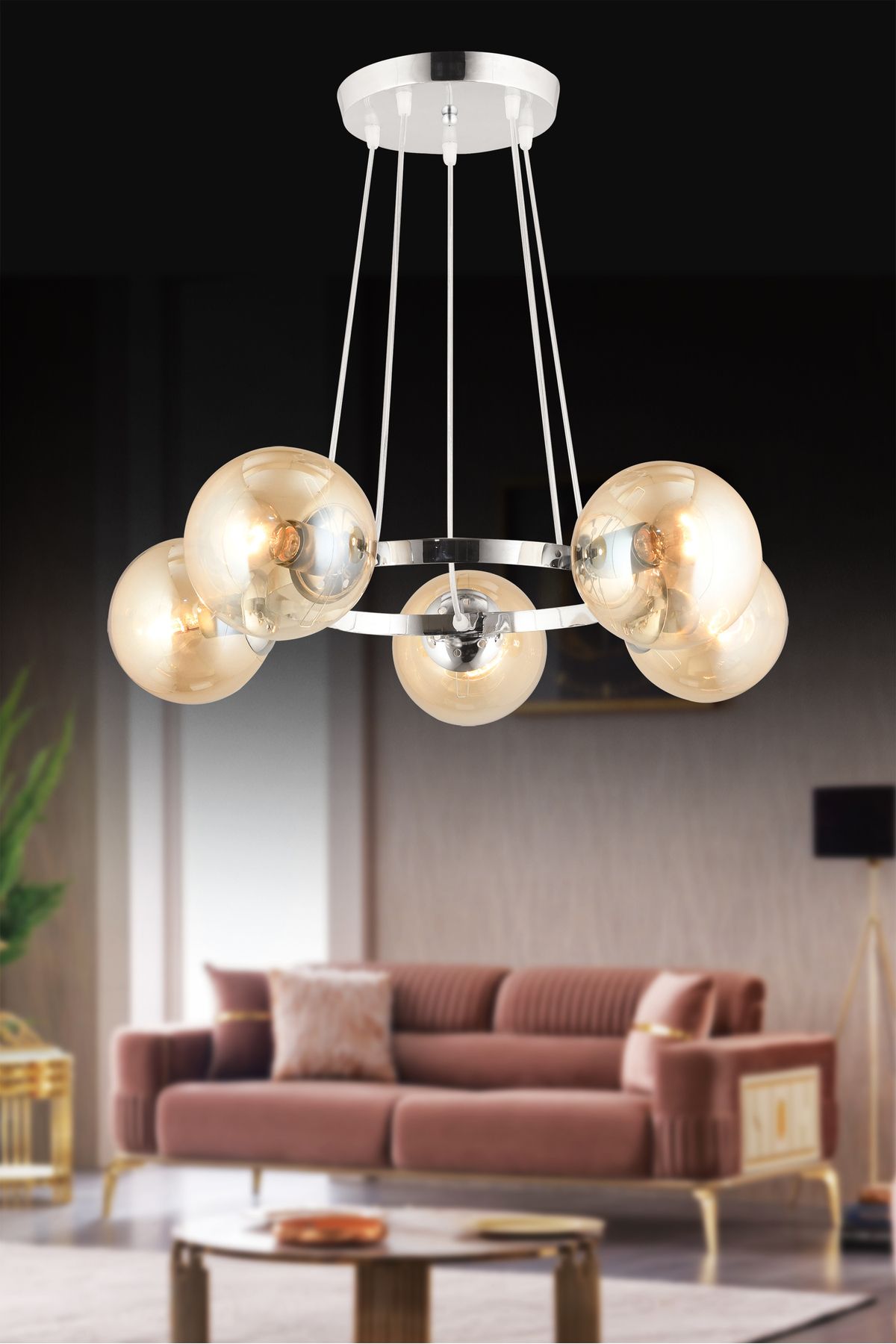 SONSUZ AYDINLATMA&AVİZE-Queen Chrome 5-Piece Ring Honey Globe Glass Modern Chandelier 1