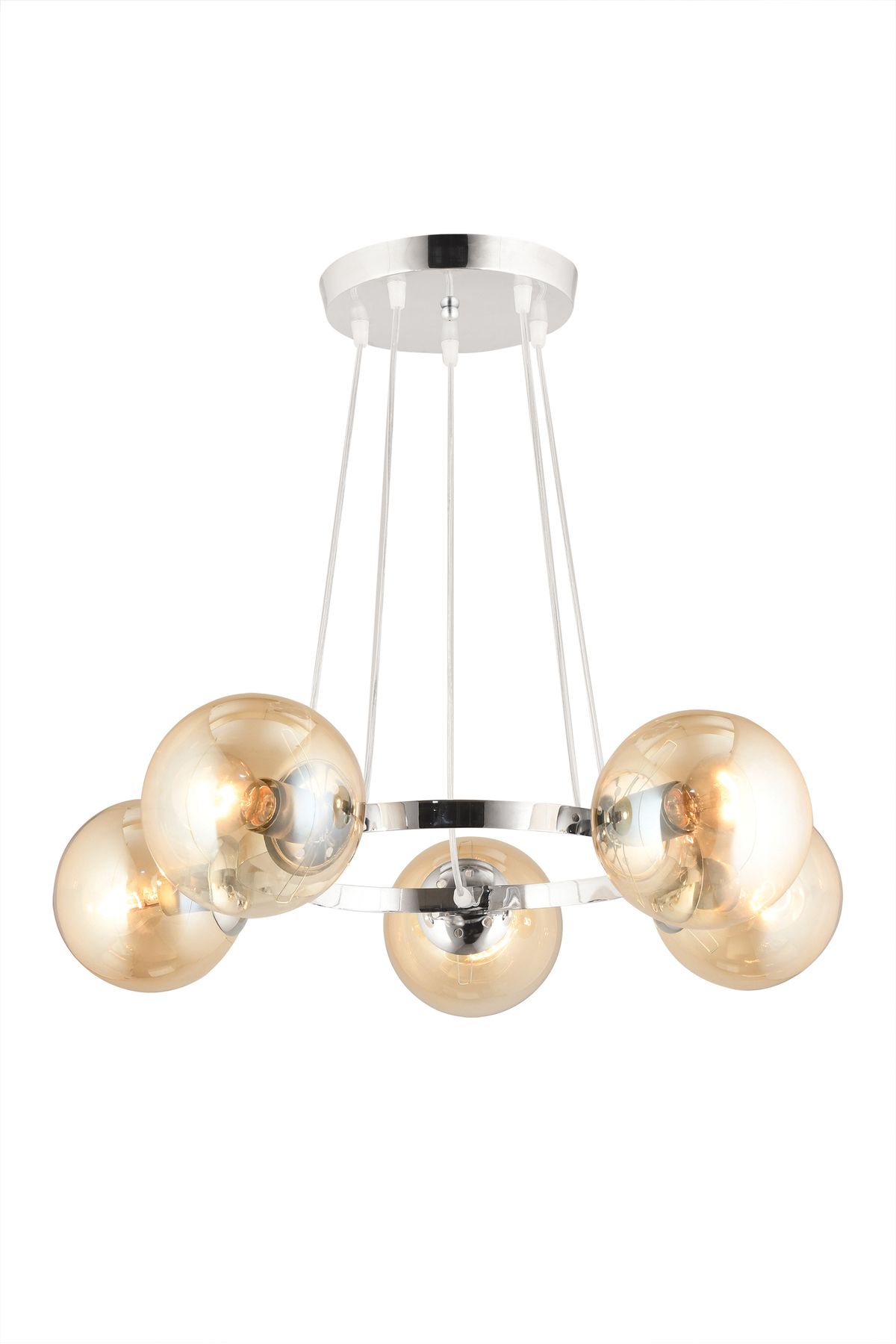 SONSUZ AYDINLATMA&AVİZE-Queen Chrome 5-Piece Ring Honey Globe Glass Modern Chandelier 4