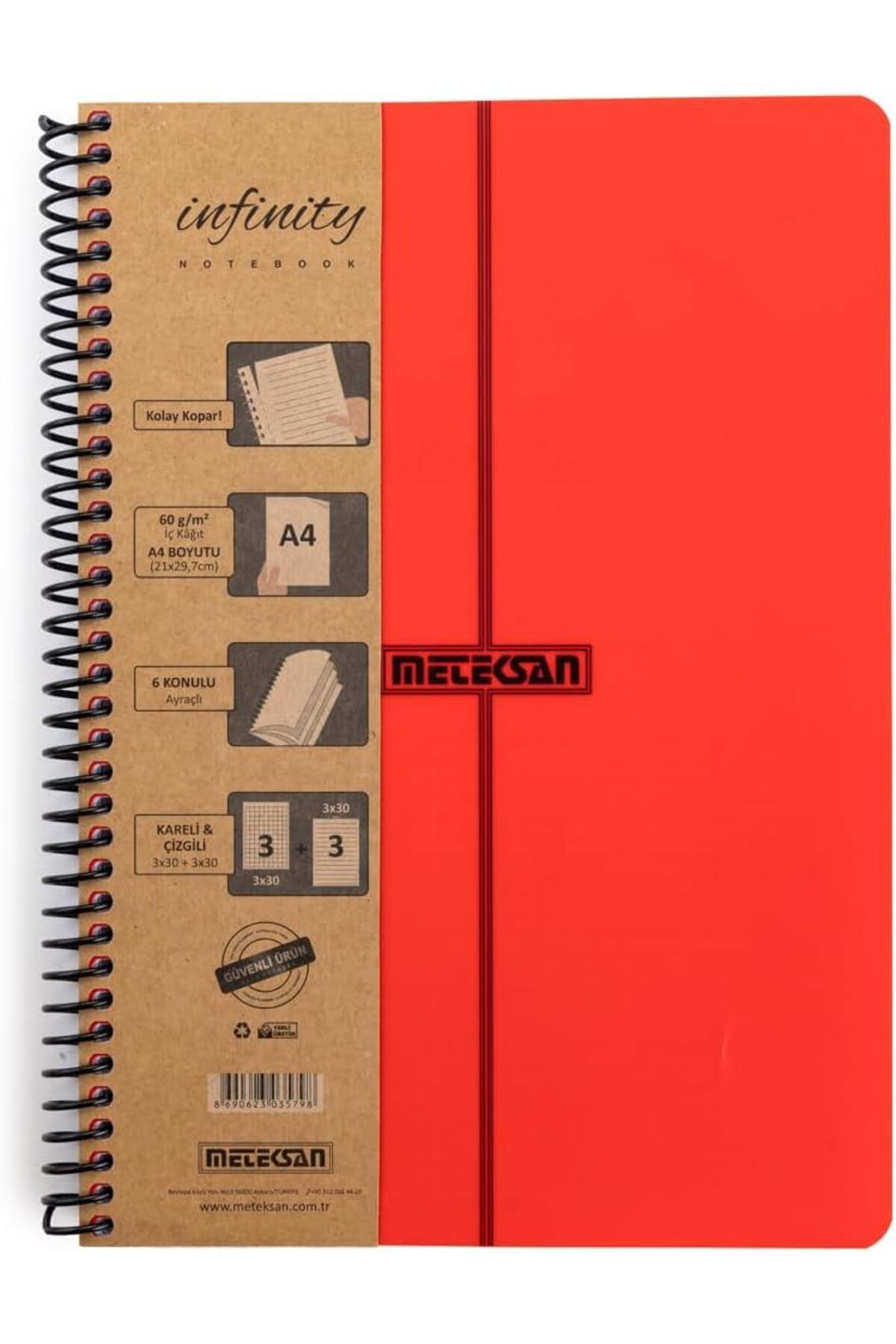 STOREMAX lbstorex Infinity Primary Serisi, A4, 6 Konulu (3 Kareli, 3 Çizgili) 180 Yaprak PP Kapaklı Spirall