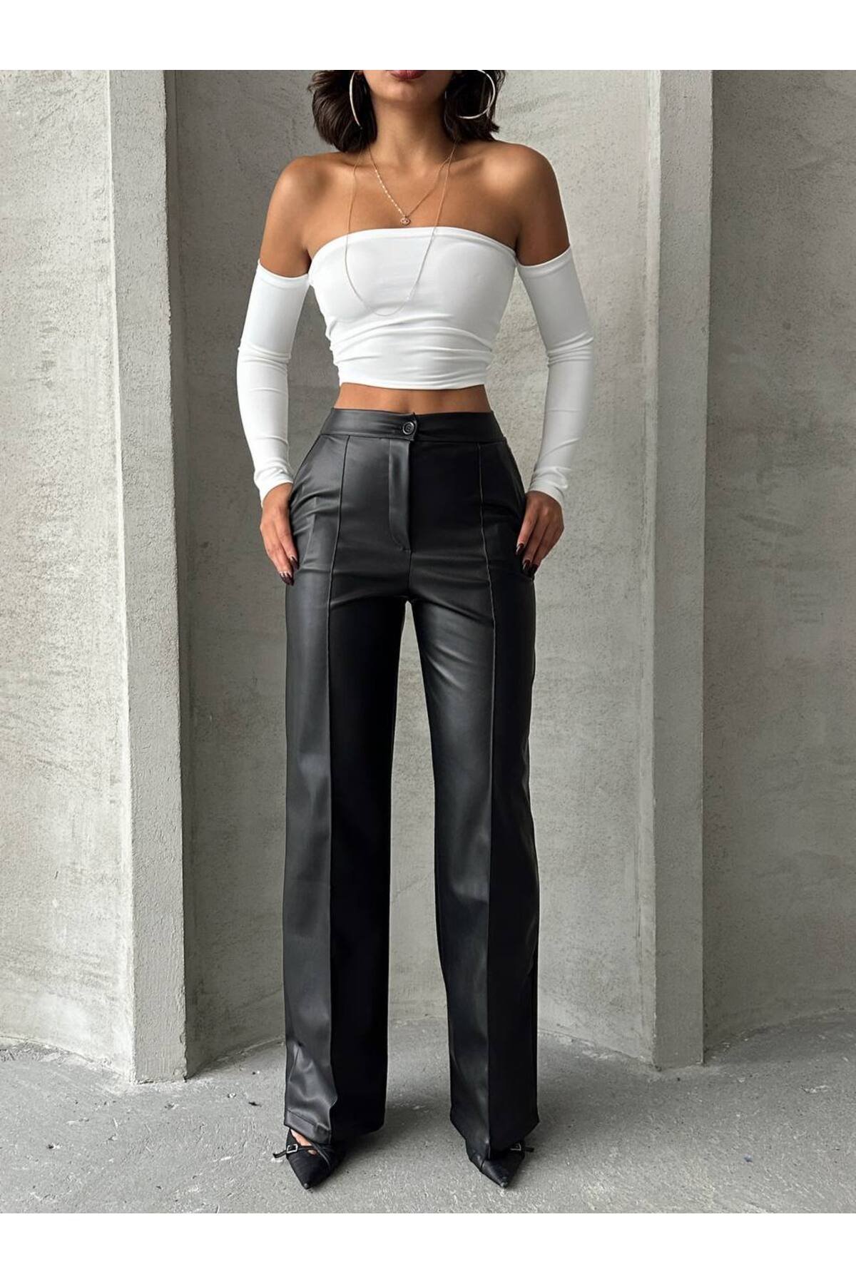 Genel Markalar  Palazzo Suni Deri Mat Pantolon MISSPNT24654 - Görsel 7