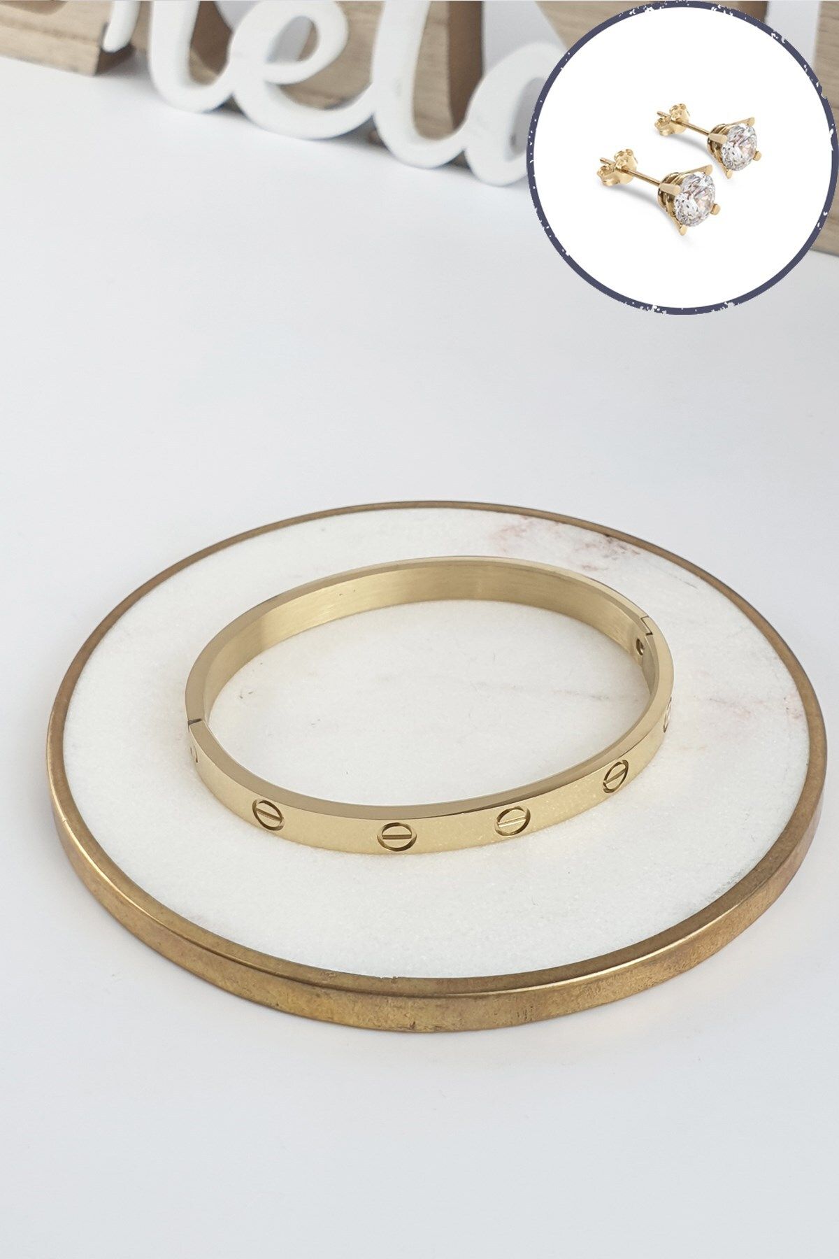 JEWELRY Çelik Kelepçe Bileklik Rose Zirkon Küpe