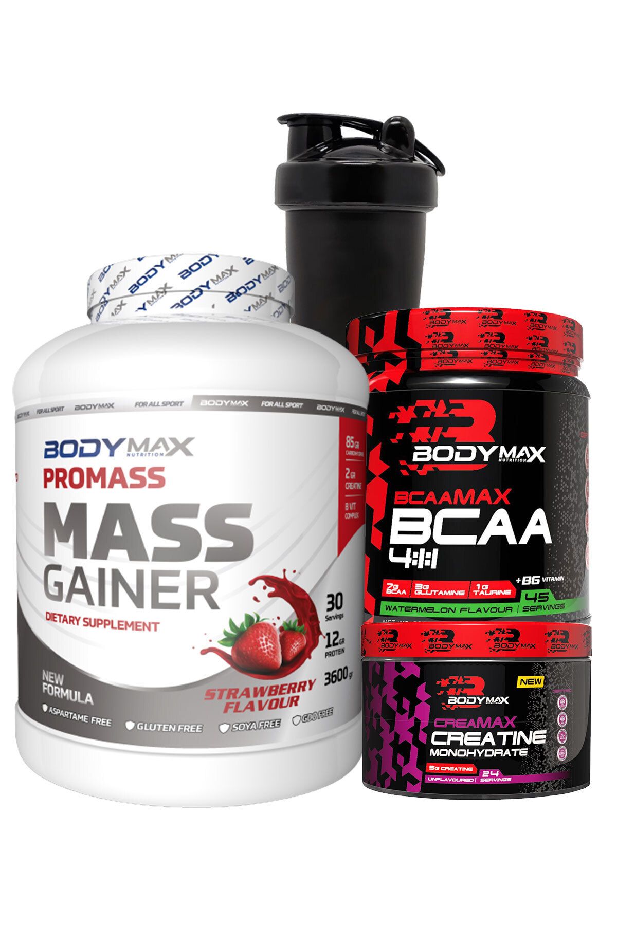 BODYMAX Promass Mass Gainer 3600g Çilekli + Bcaamax Bcaa 585g Karpuzlu + Creamax Kreatin 120g + Shaker