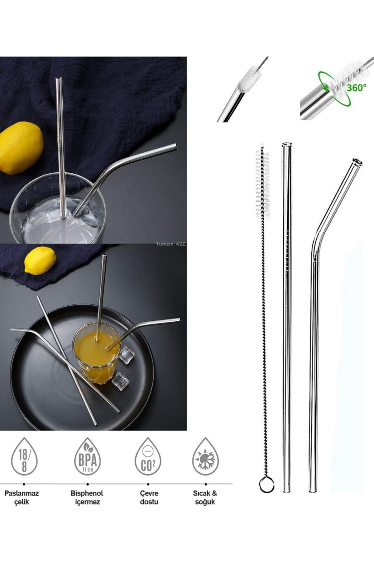 Righton Paslanmaz Çelik 3 Parça Metal Pipet Seti + Temizleme Fırçası Meşrubat Pipeti
