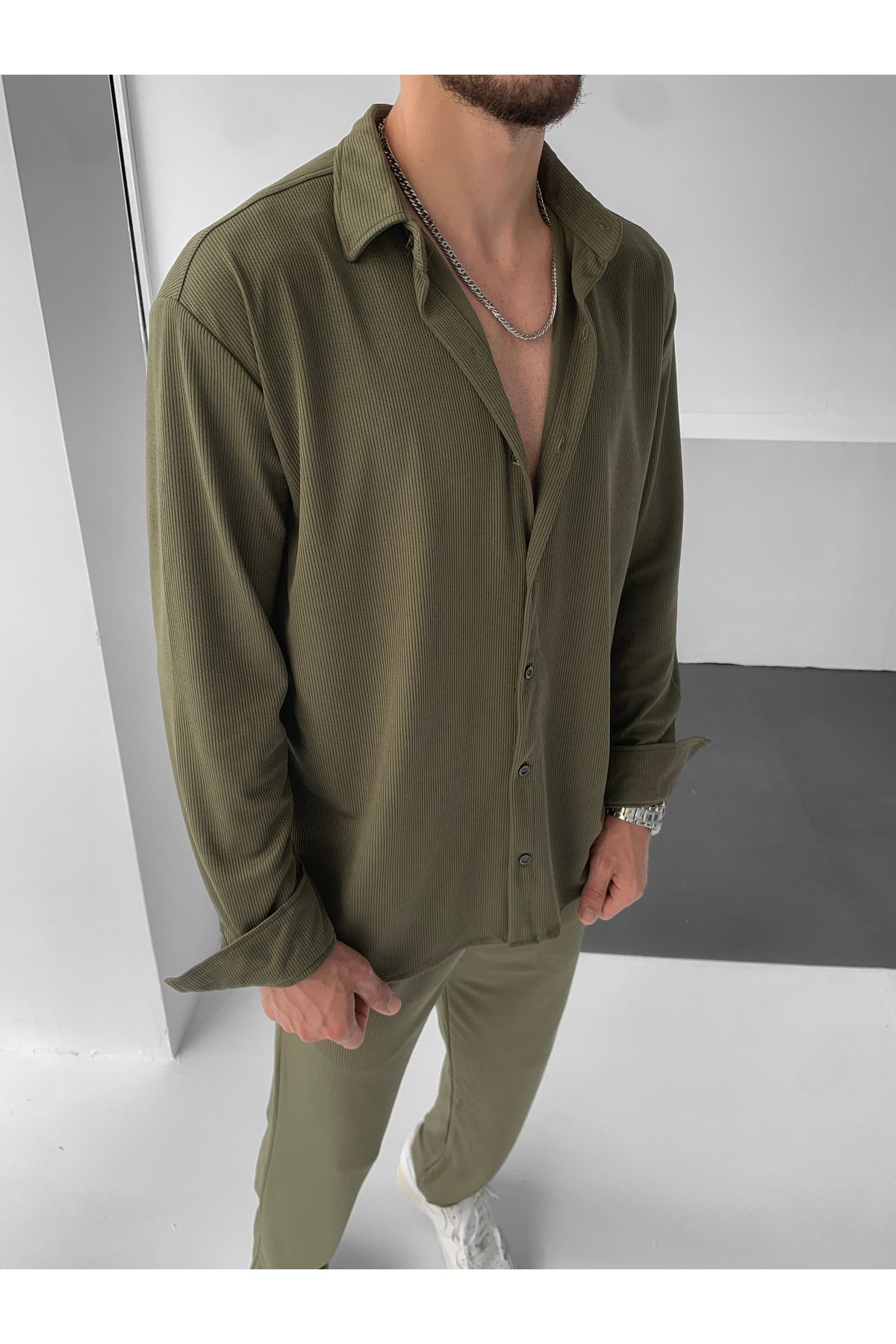 NO1 KONSEPT-Khaki Long Sleeve Relaxed Fit Twisted Corded Set 3