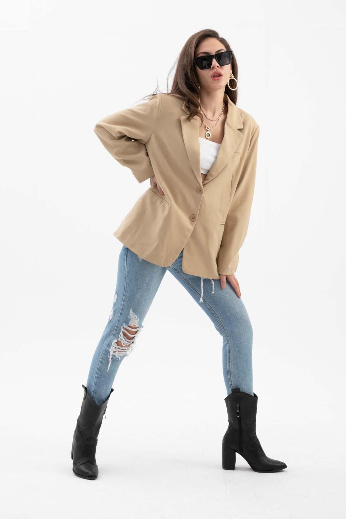 Rose's Boutique All About Women-Rose's Boutiqe All about Women's Double Breasted Lapel Oversize Blazer Jacket - Mink 6