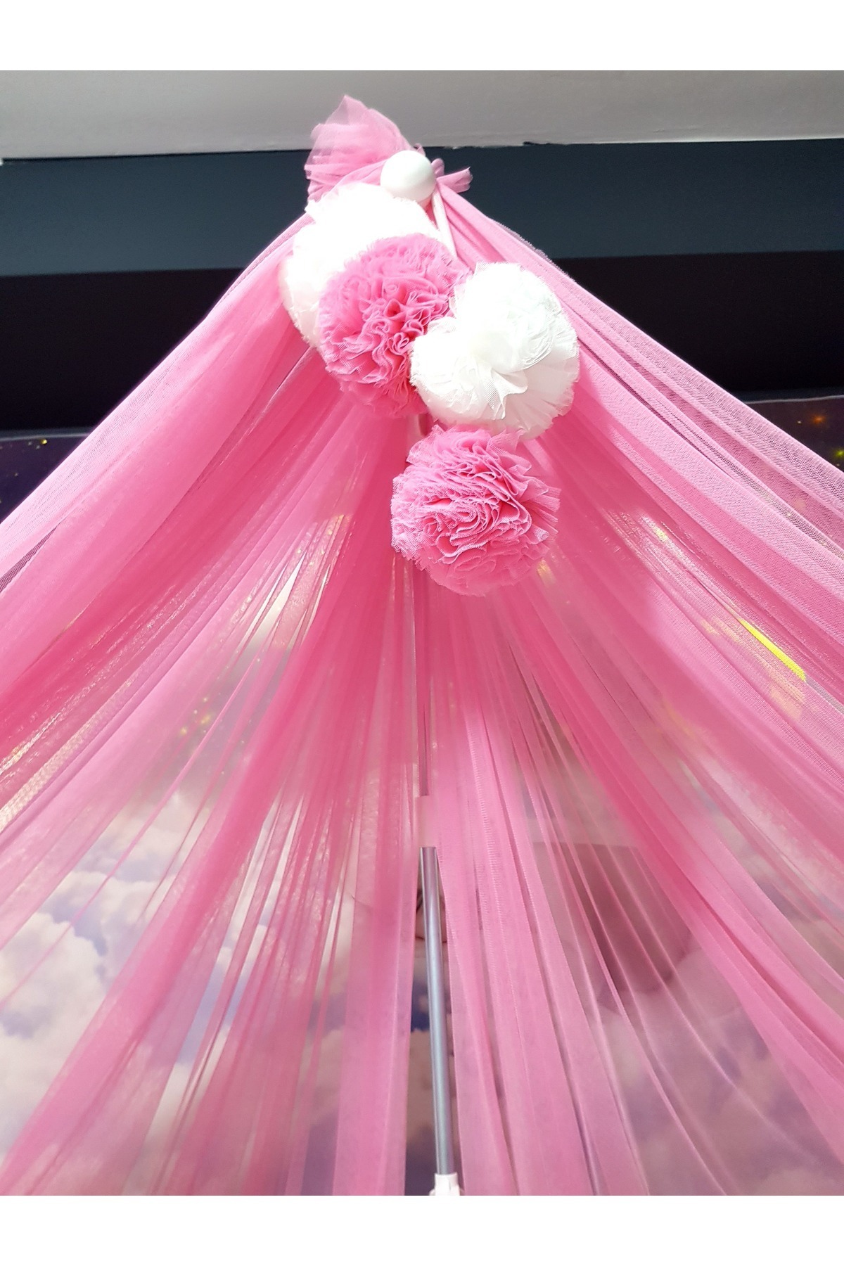 bebek_iklimi Bebek Lüks Cibinlik Takımı - Koyu Pembe Ve Beyaz Dört Ponponlu - 6 Metre Likra Tül (APARAT DAHİL) fotoğrafı 5 (önizleme)