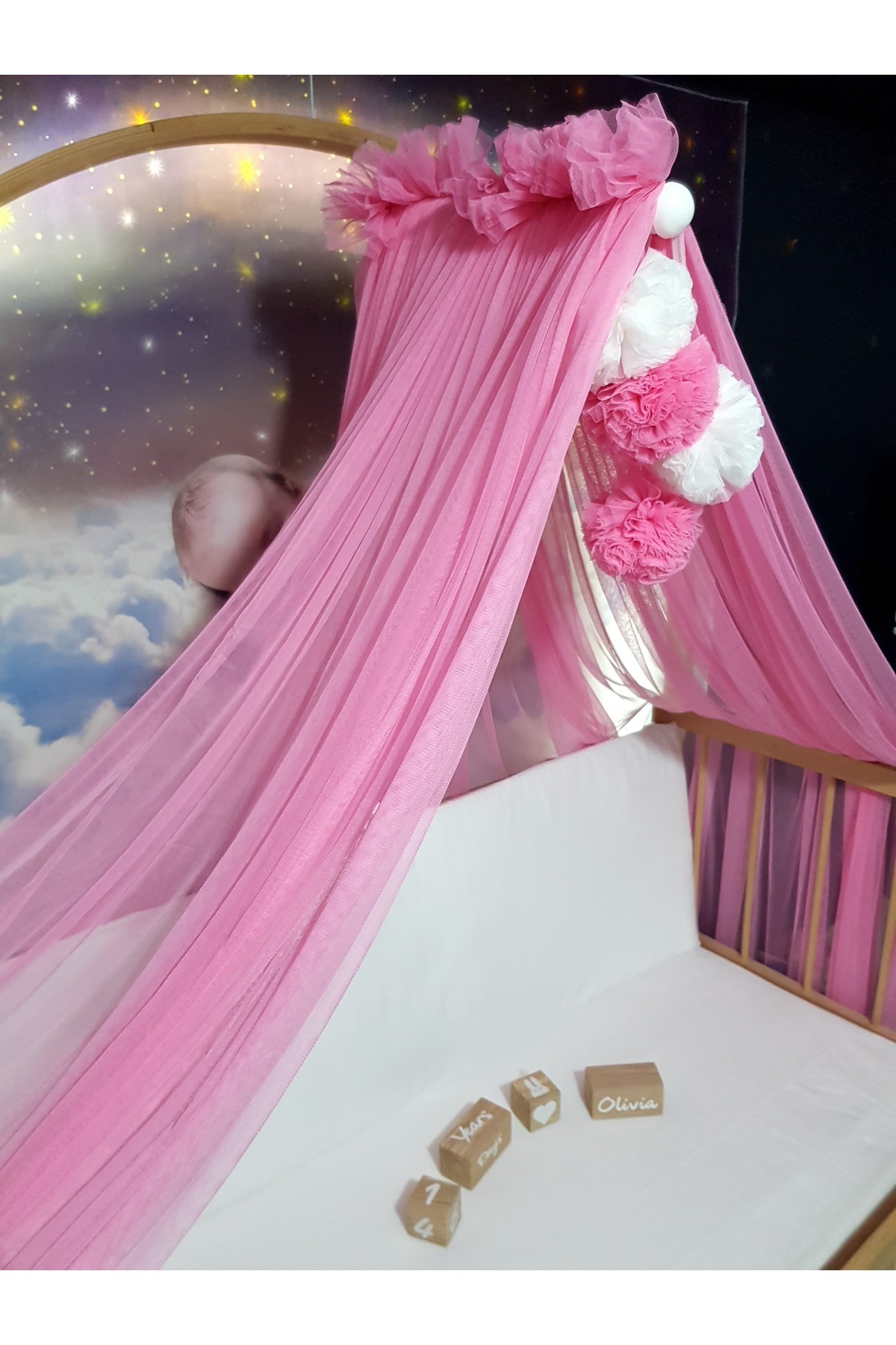 bebek_iklimi Bebek Lüks Cibinlik Takımı - Koyu Pembe Ve Beyaz Dört Ponponlu - 6 Metre Likra Tül (APARAT DAHİL) fotoğrafı 4 (önizleme)