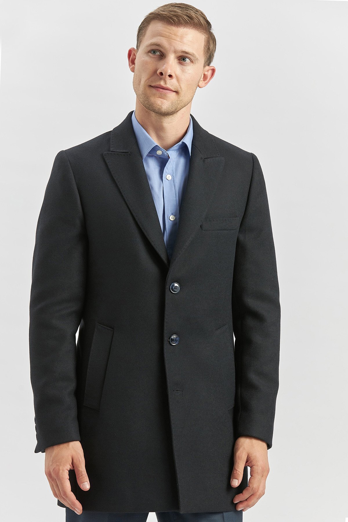 İmza  Koyu Lacivert Kaşe Kırlangıç Yaka Yırtmaçlı Kapitoneli Astar Comfort Fit Palto 1005245157