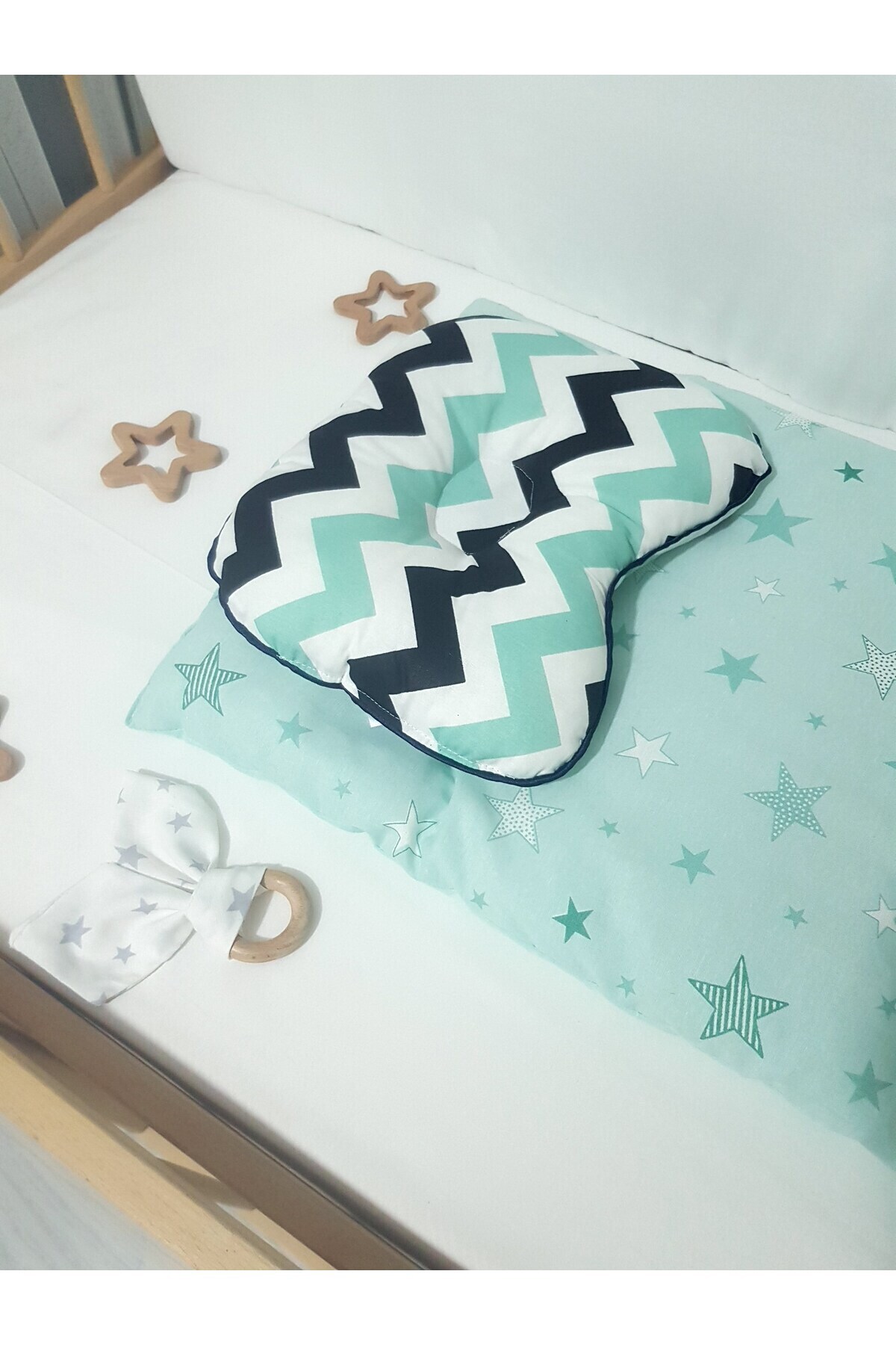 Baby Clime Alt Açma Minderi Çift Taraflı Yeşil Yıldız - Baş Düzeltme Yastığı Ve Diş Kaşıyıcı Hediye! fotoğrafı 3 (önizleme)