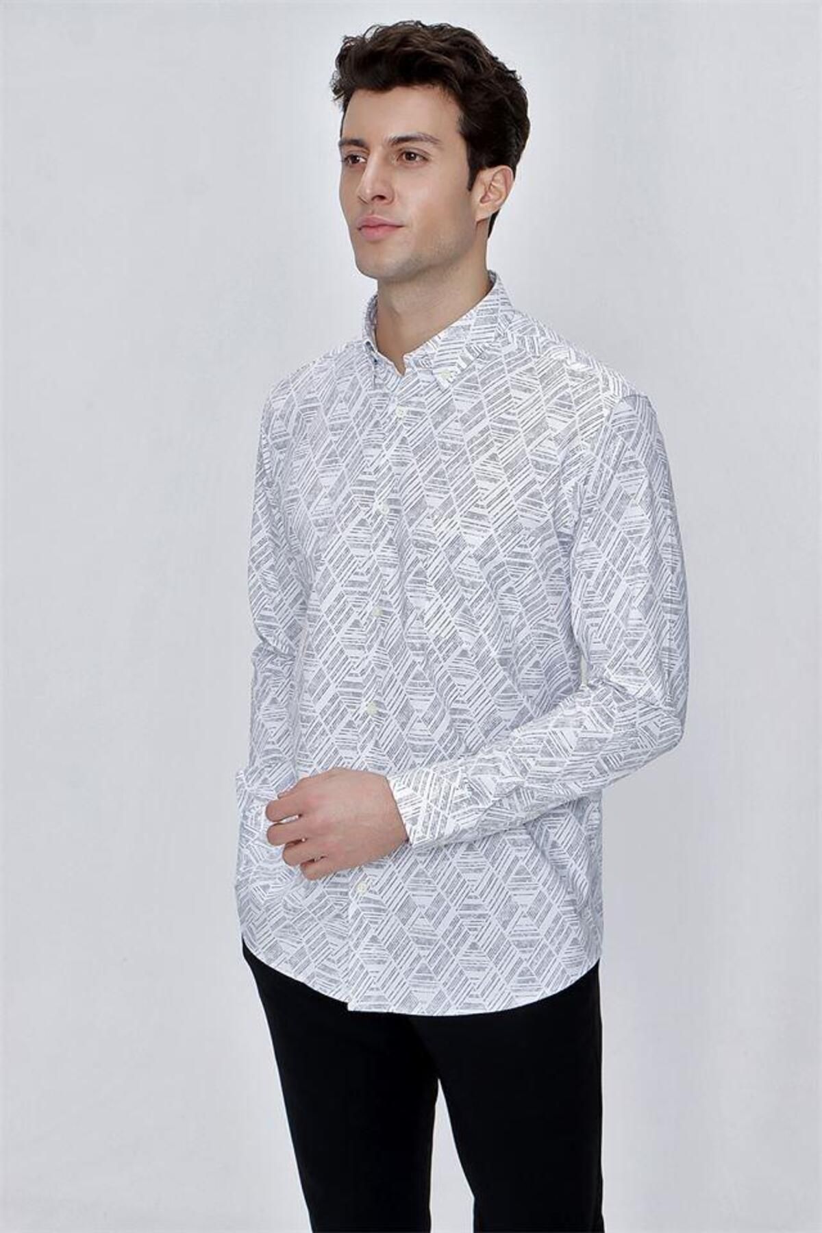 İmza-Gray Long Sleeve Printed Buttoned Collar Pocket Comfort Fit Relaxed Fit Classic Shirt1004225201 4