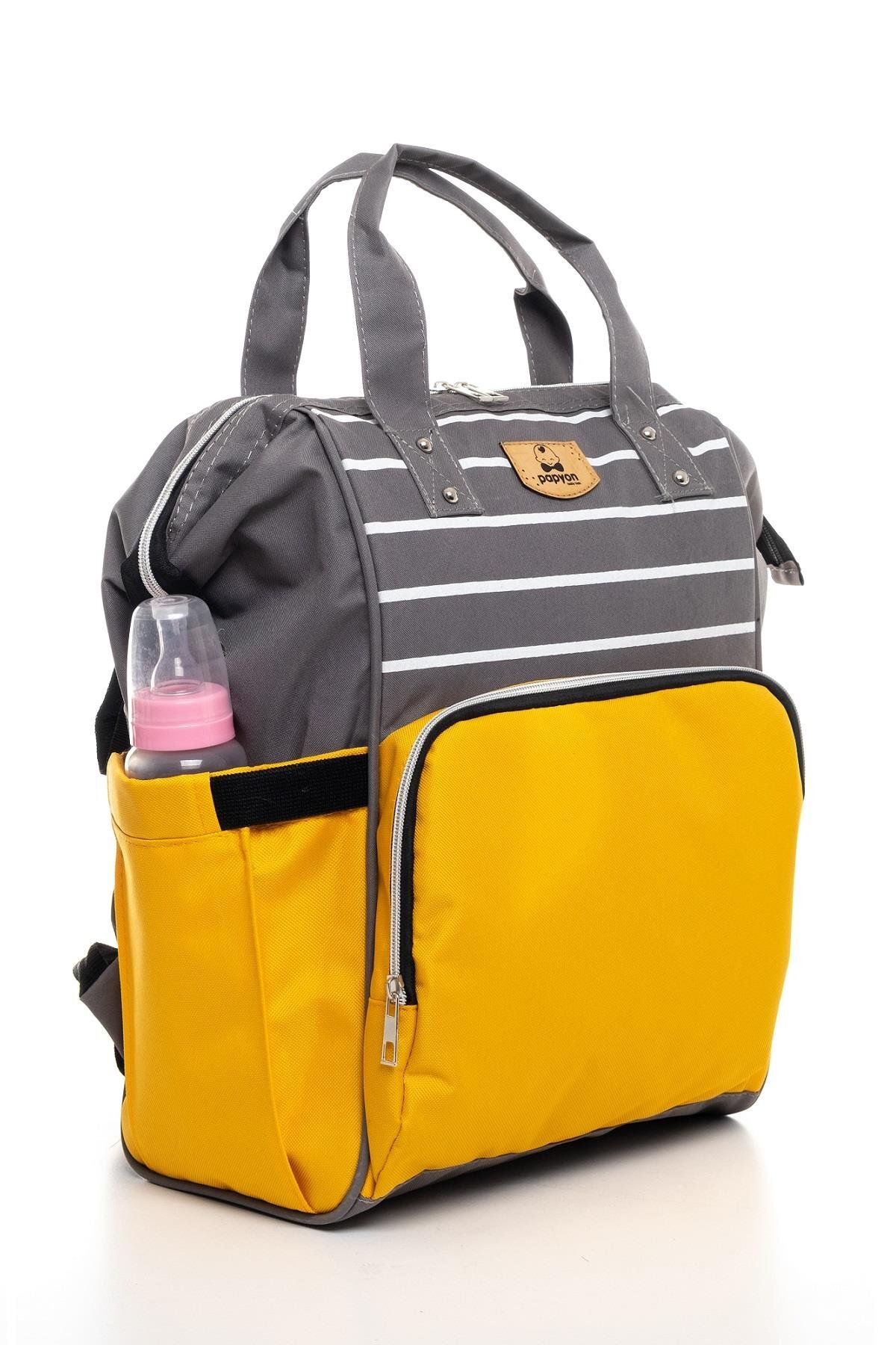 Papyon Baby Kids Çizgili Anne Bebek Bakım Sırt Çantası Biberon Termos Gözlü Puset Askı Aparatlı fotoğrafı 4 (önizleme)