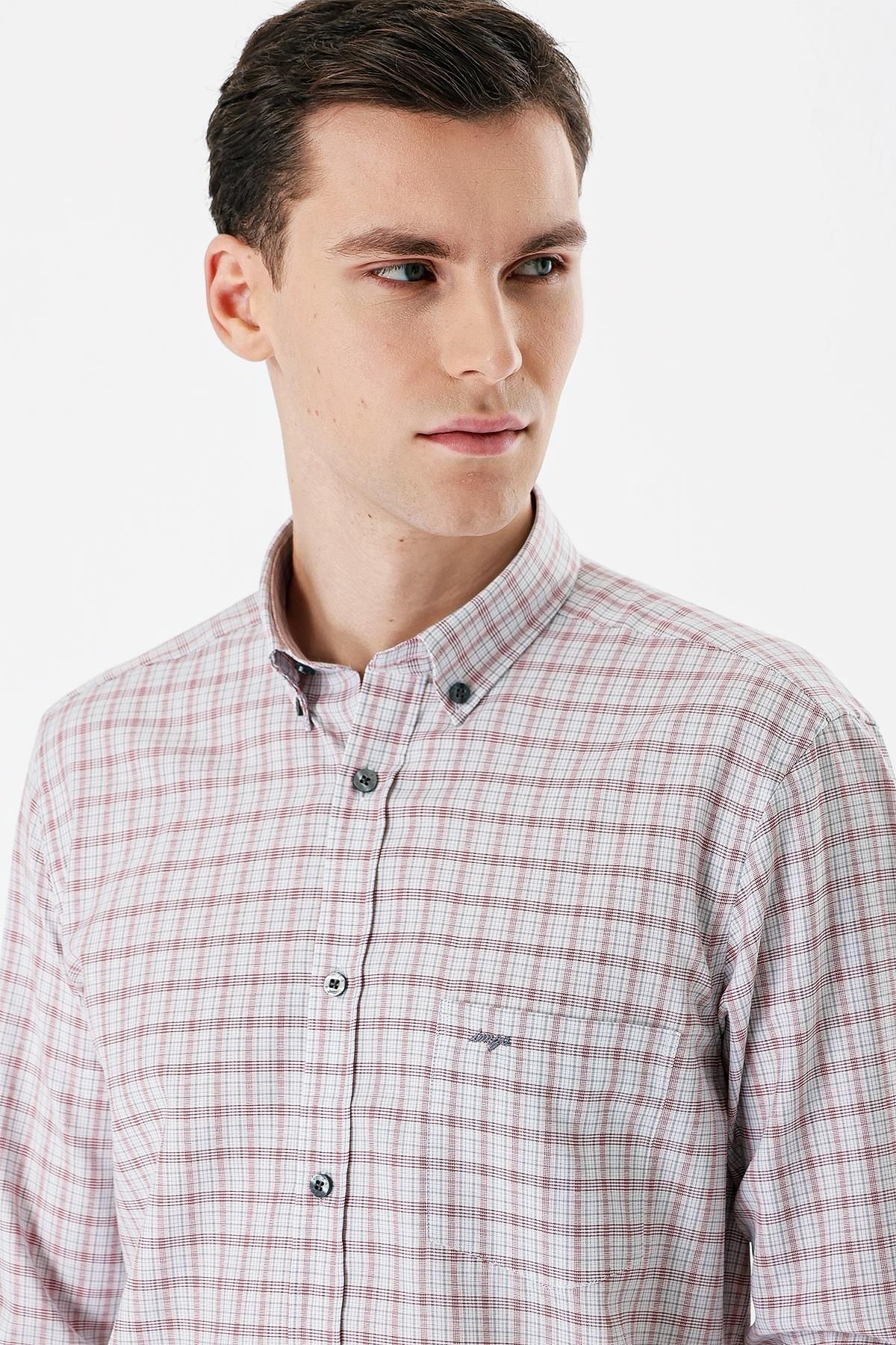 İmza-Claret Red Long Sleeve Checked Cloth Feet Buttoned Collar Pocket Cotton Comfort Fit Shirt1004235163 5
