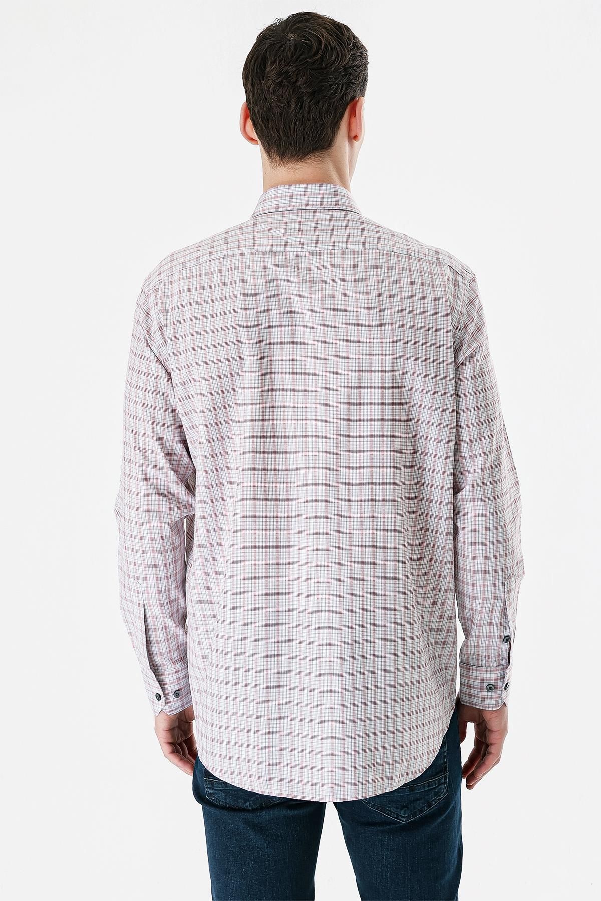 İmza-Claret Red Long Sleeve Checked Cloth Feet Buttoned Collar Pocket Cotton Comfort Fit Shirt1004235163 6