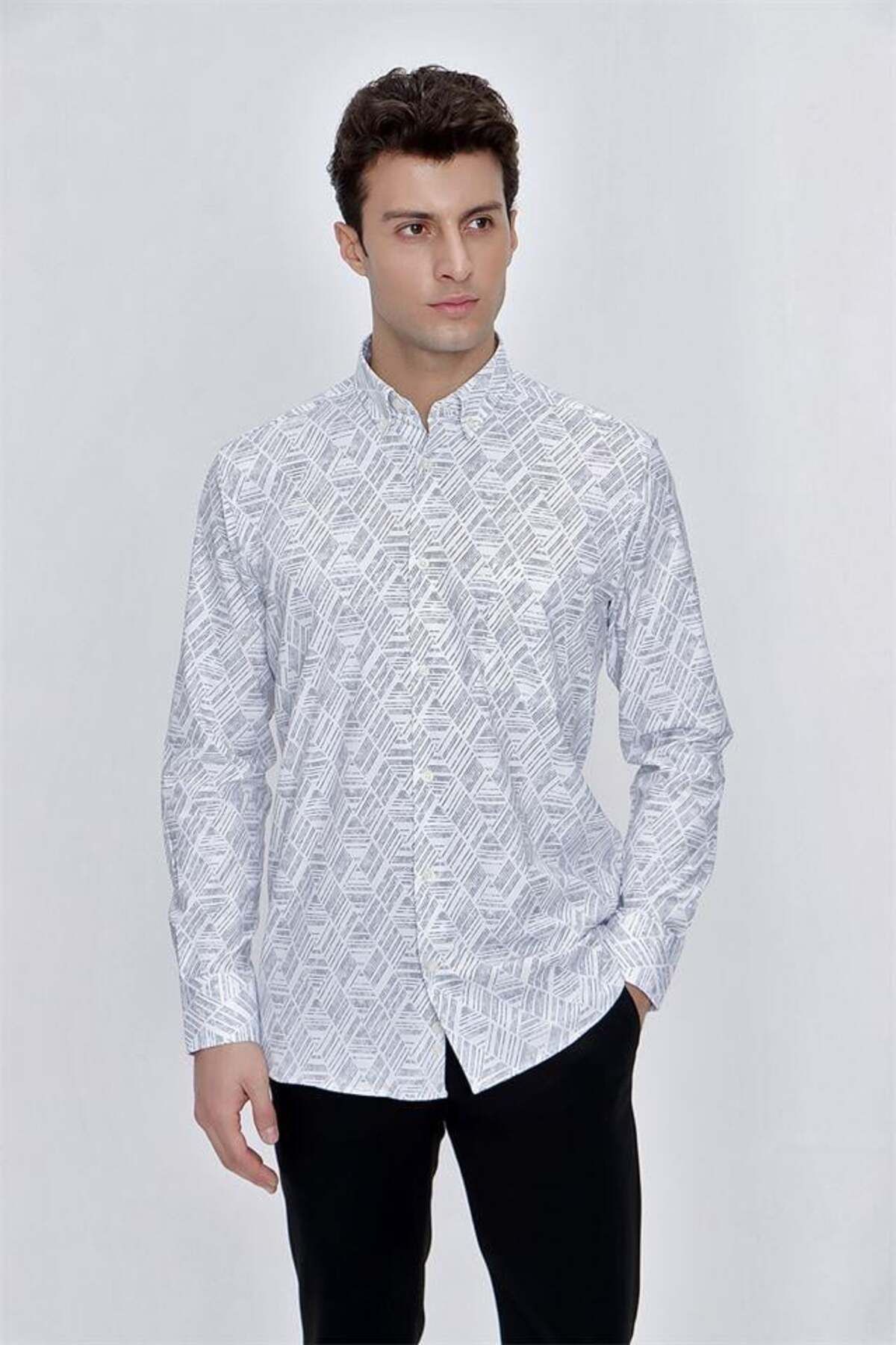 İmza-Gray Long Sleeve Printed Buttoned Collar Pocket Comfort Fit Relaxed Fit Classic Shirt1004225201 1