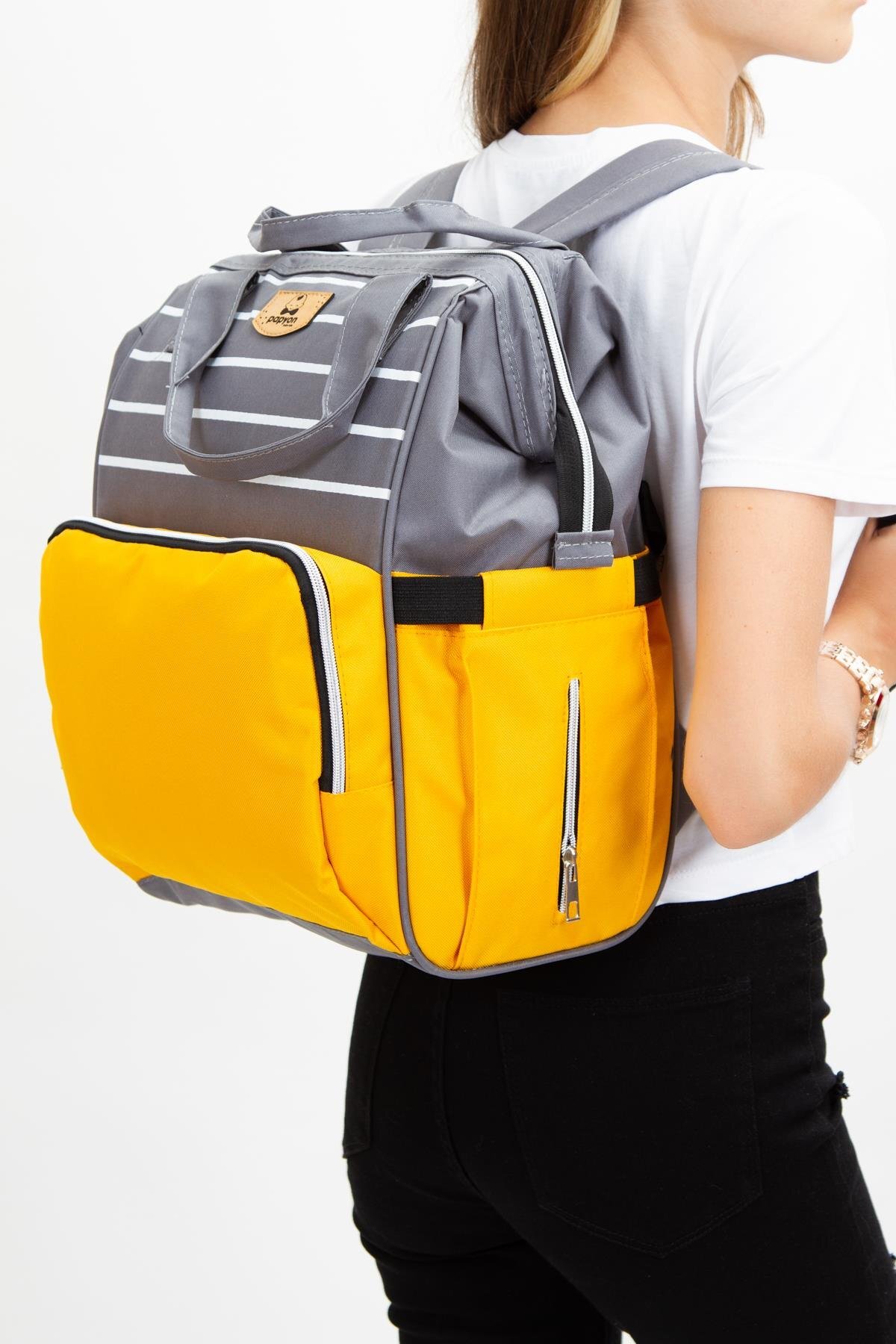 Papyon Baby Kids Çizgili Anne Bebek Bakım Sırt Çantası Biberon Termos Gözlü Puset Askı Aparatlı fotoğrafı 3 (önizleme)