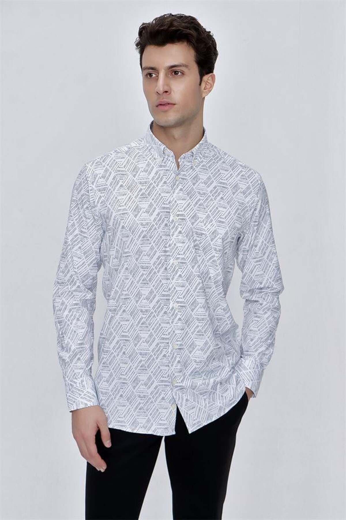 İmza-Gray Long Sleeve Printed Buttoned Collar Pocket Comfort Fit Relaxed Fit Classic Shirt1004225201 3