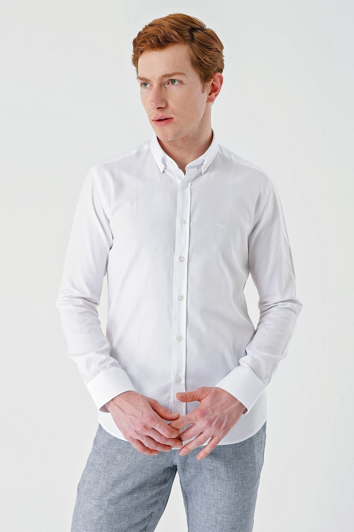 İmza-White Long Sleeve Oxford Pocketless 100% Cotton Classic Slim Fit Slim Fit Shirt1004240188 1