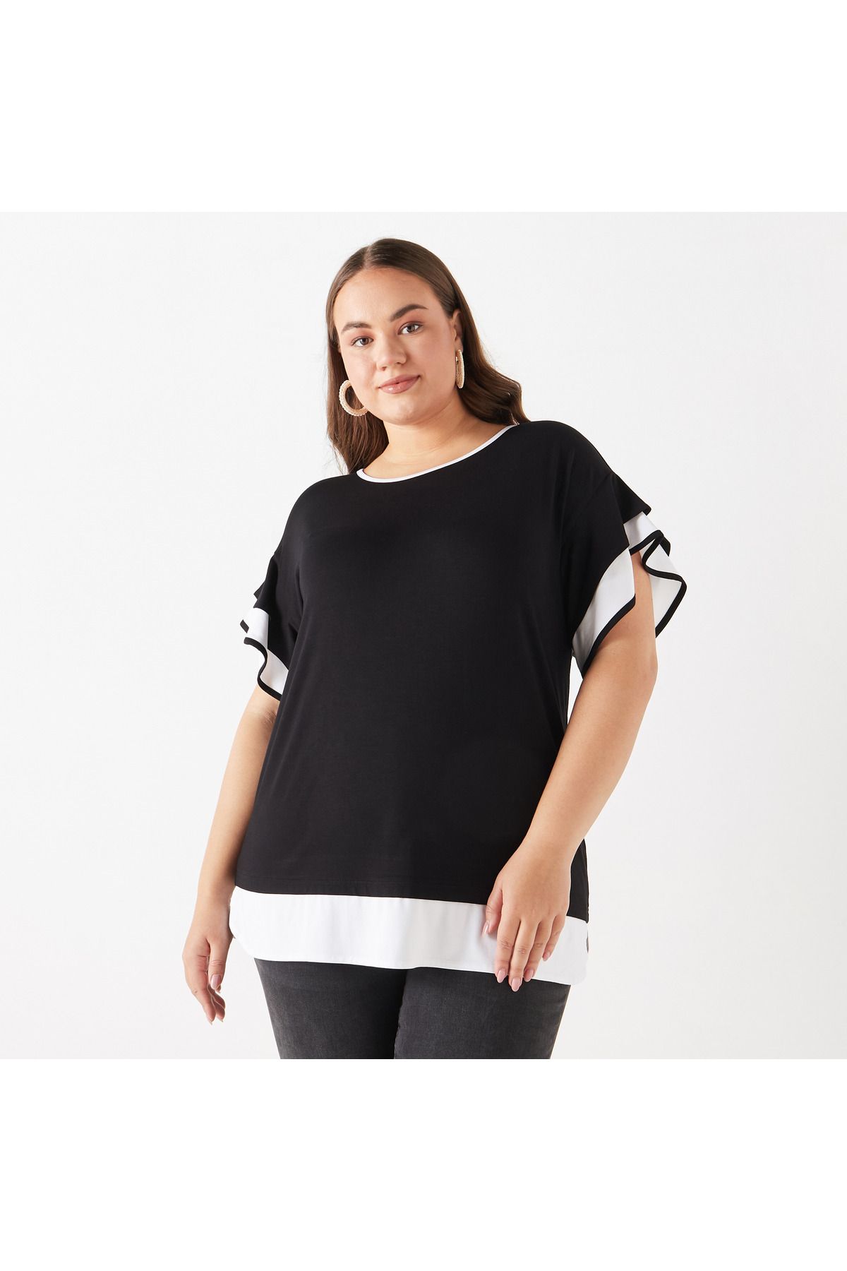 Ulla Popken-Plus Size Ulla Popken Colourblock Top with Ruffle Detail 1