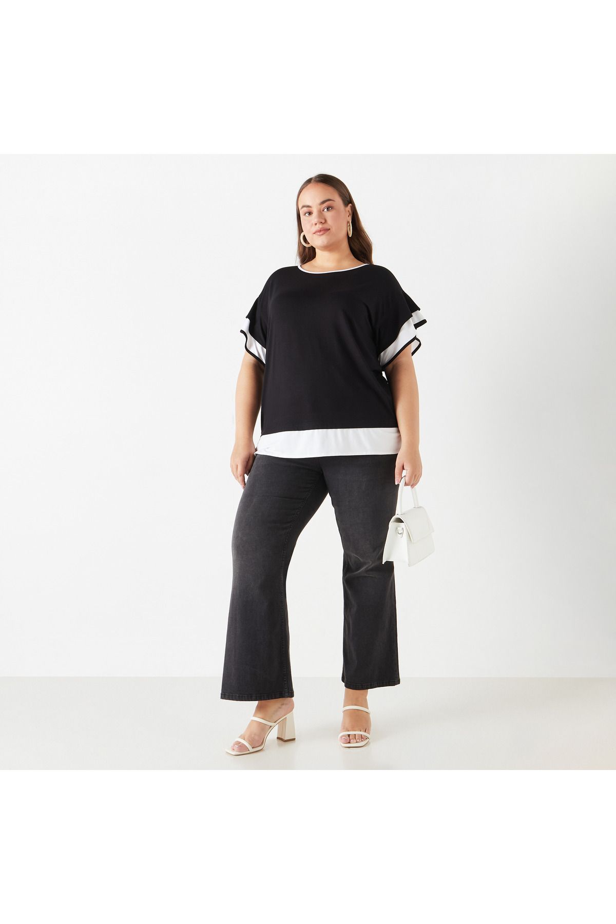 Ulla Popken-Plus Size Ulla Popken Colourblock Top with Ruffle Detail 2