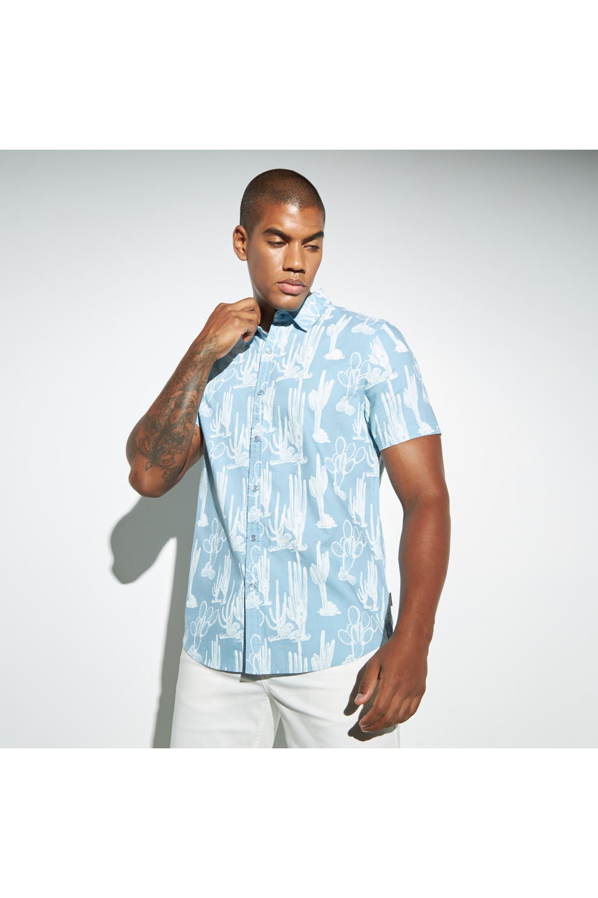 Lee Cooper-All-Over Graphic Print Oxford Shirt with Short Sleeves 1