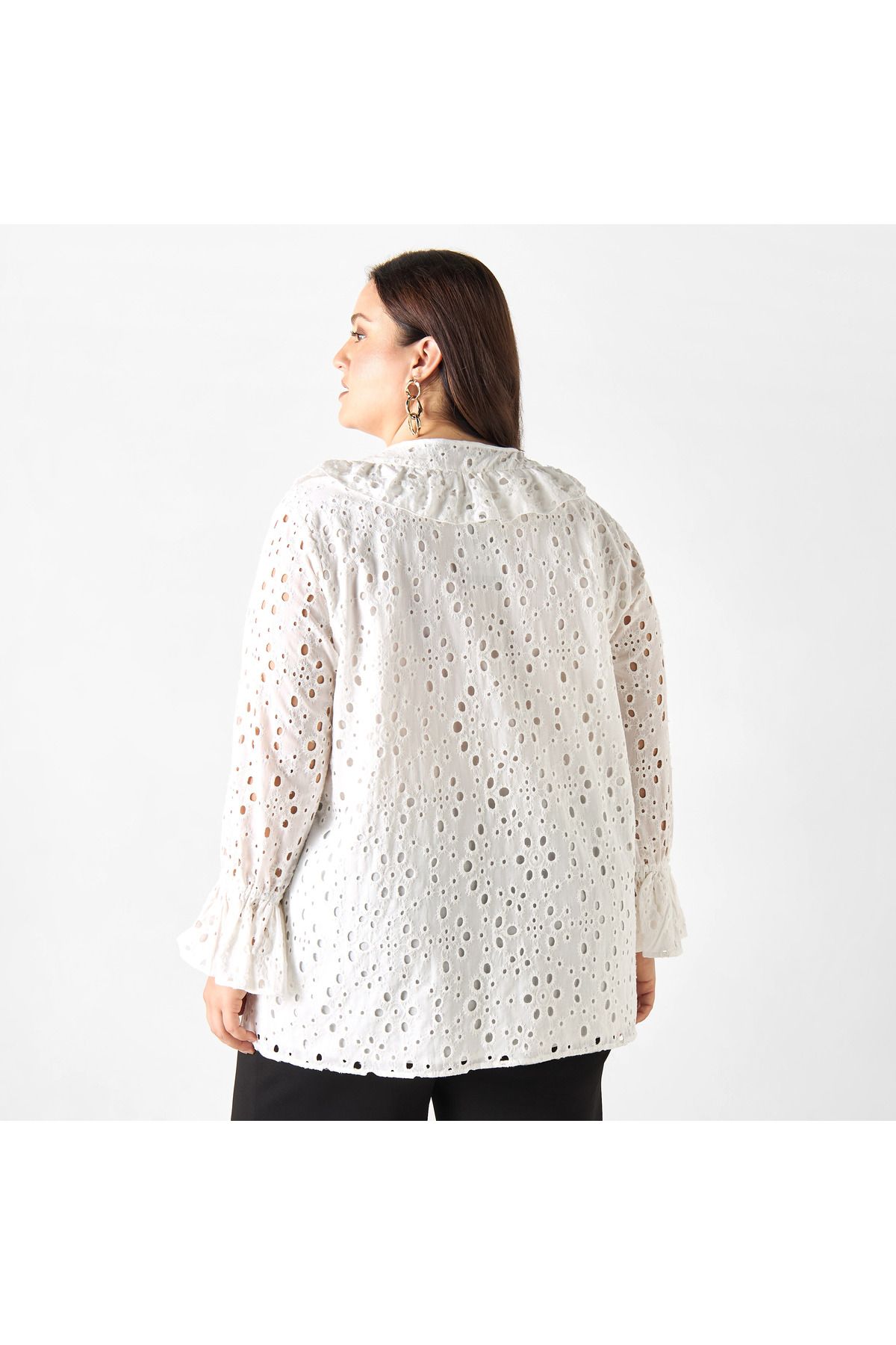 Ulla Popken-Plus Size Ulla Popken All-Over Embroidered Top with Ruffles and Bell Sleeves 3