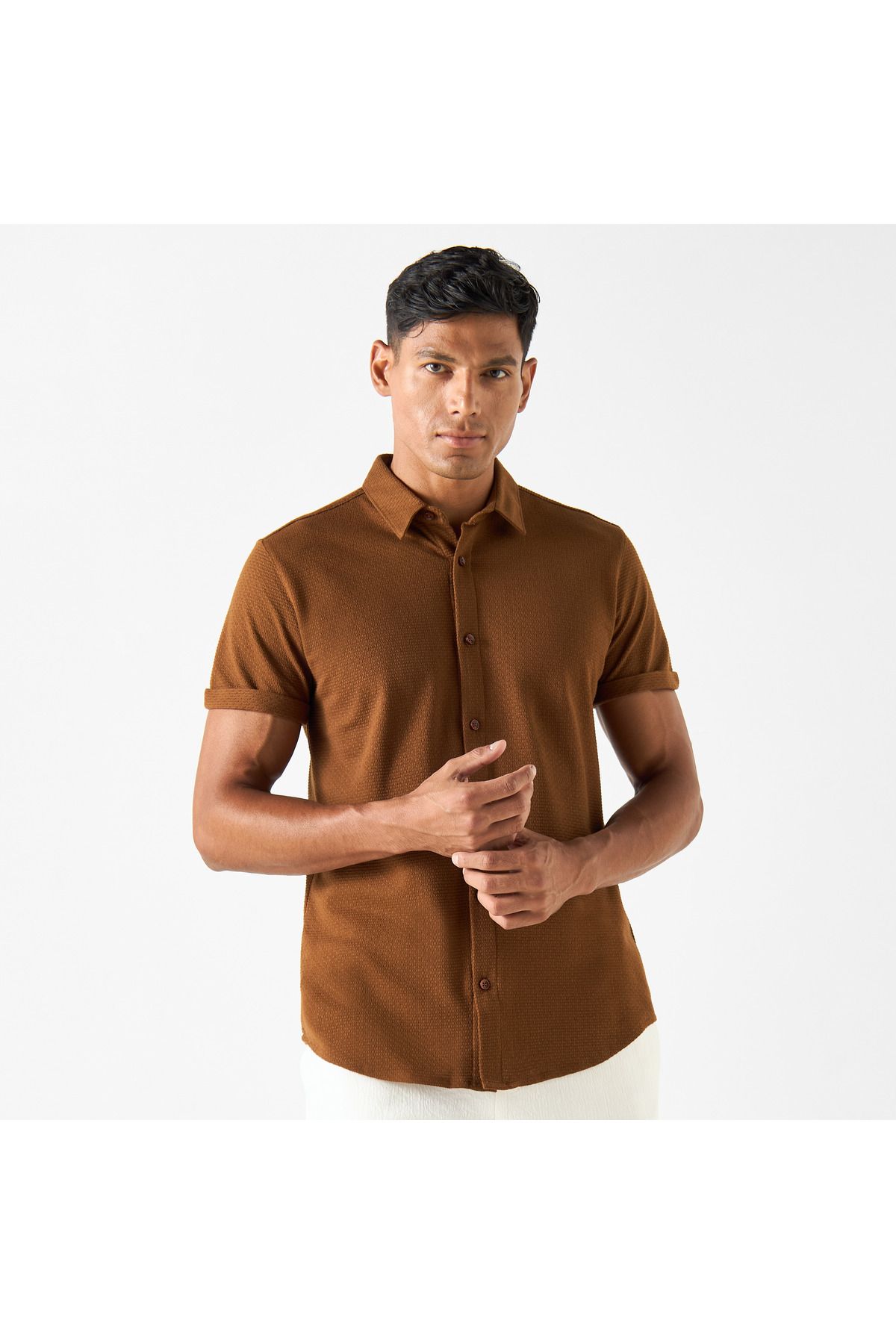 Iconic-Slim Fit Textured Shirt with Short Sleeves and Button Placket 1