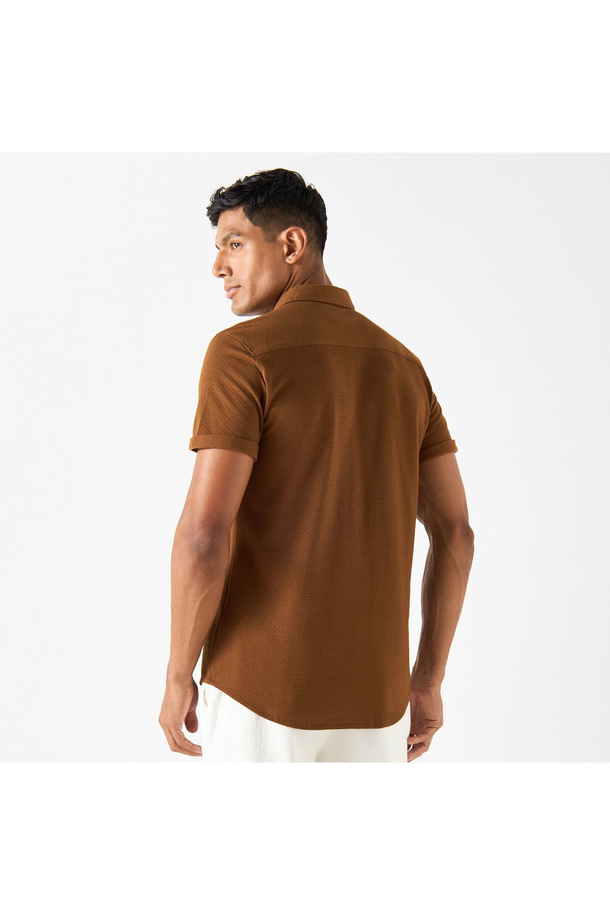 Iconic-Slim Fit Textured Shirt with Short Sleeves and Button Placket 3