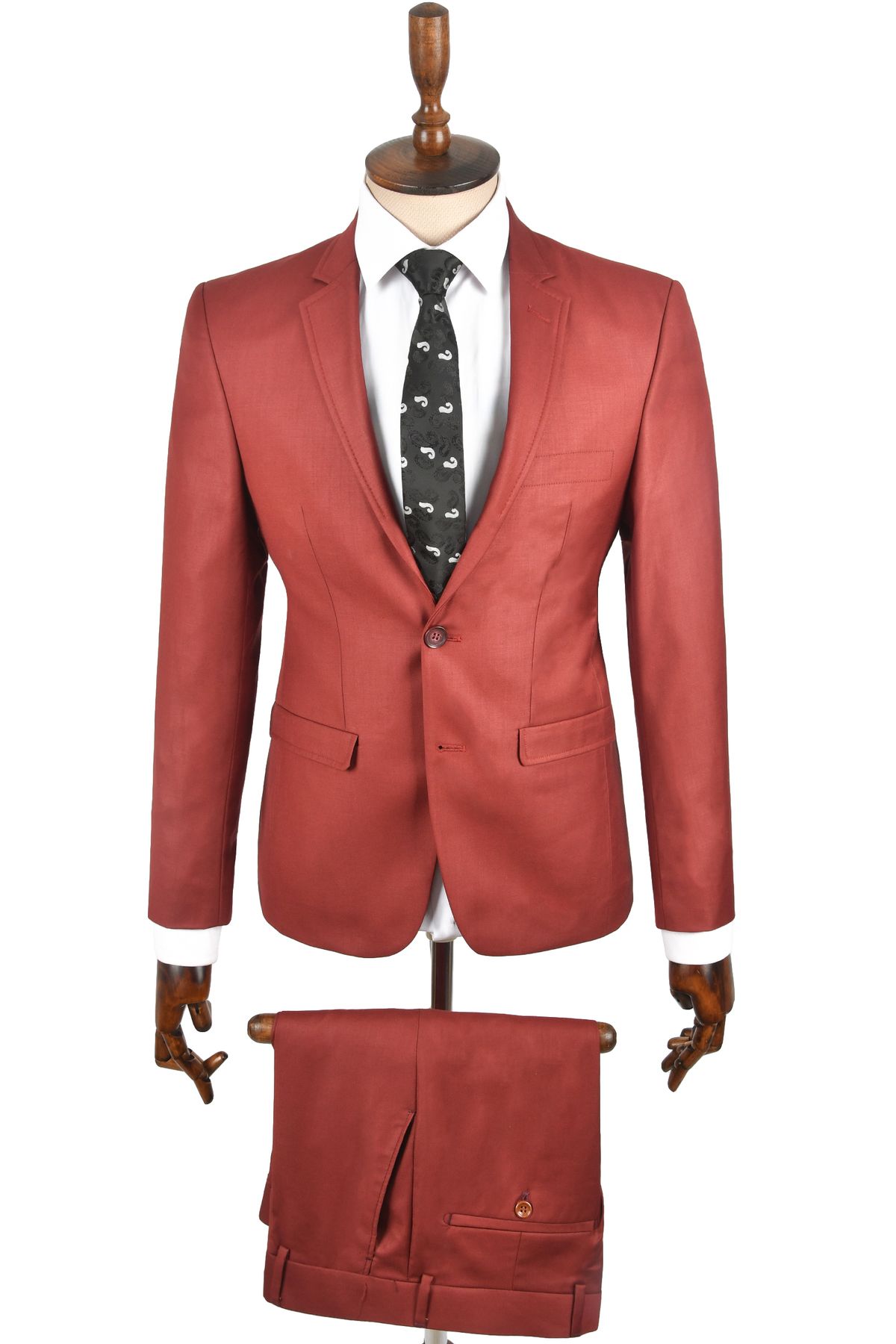 DeepSEA-Men's Claret Red Collar Stitching Detailed Double Button Single Slit 2-Piece Suit 2300435 1