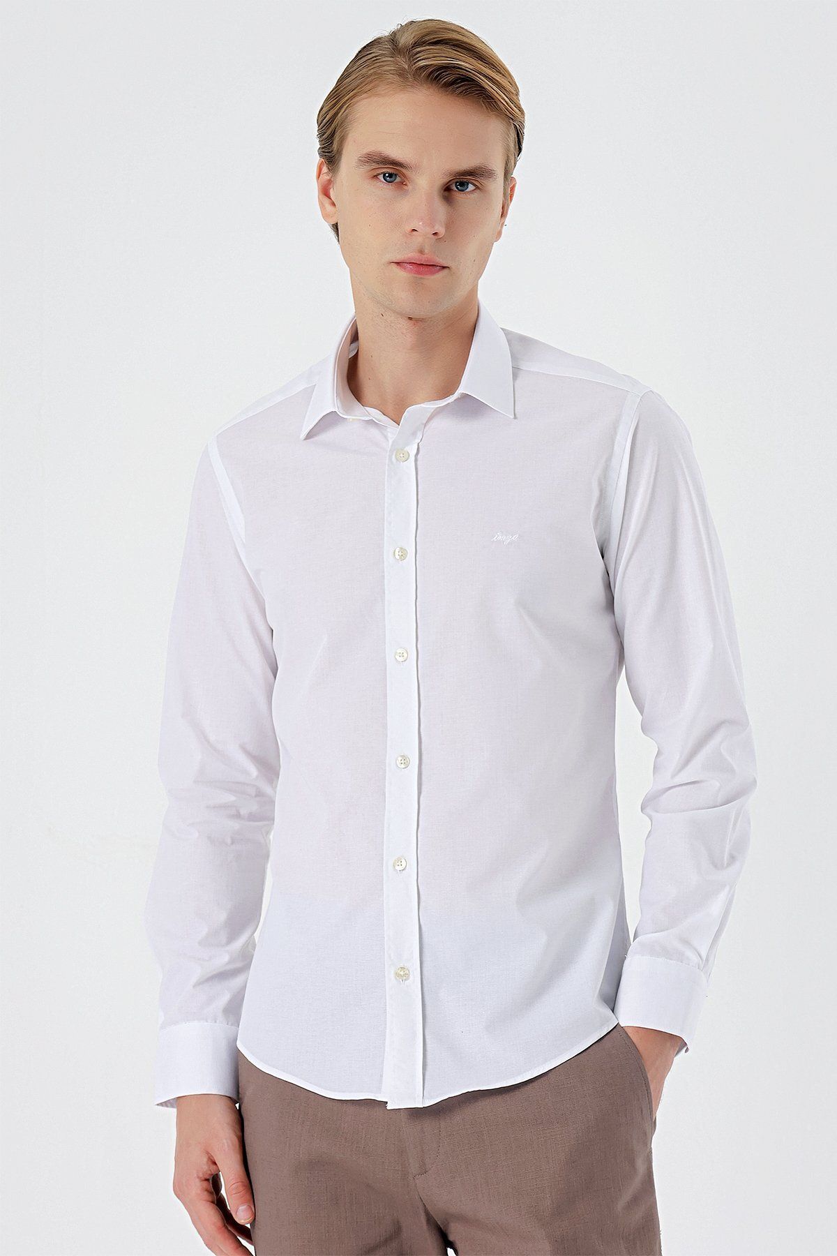 İmza-White Long Sleeve Filafil Hard Collar Pocketless Cotton Basic Slim Fit Slim Fit Shirt1004240008 2